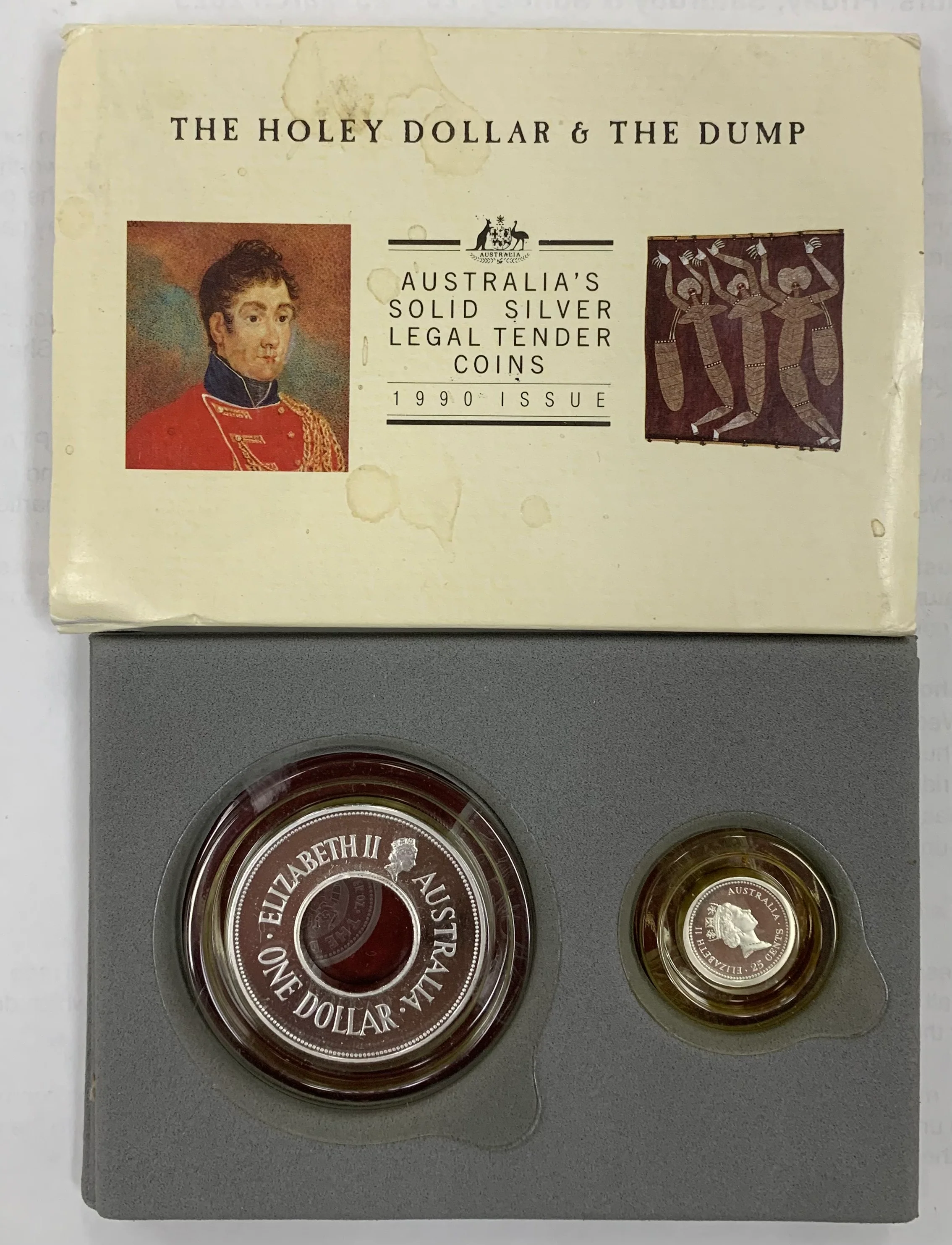 Australia 1990 Perth Mint Commemorative $1 Holey Dollar and 25c Dump 1oz and 1/4oz Silver Coins