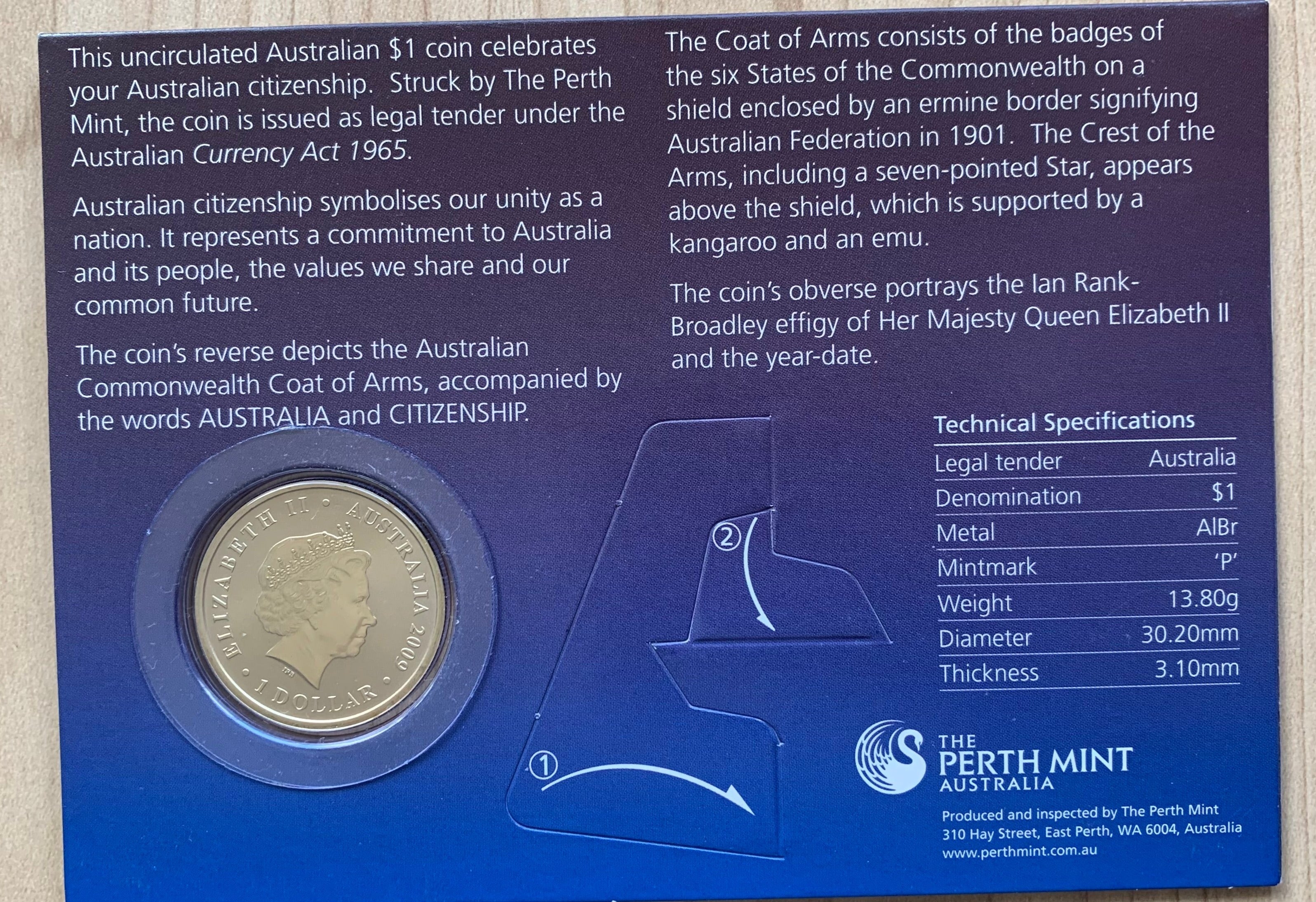 Australian 2009 Perth Mint $1 Citizenship Uncirculated Coin - Image 2