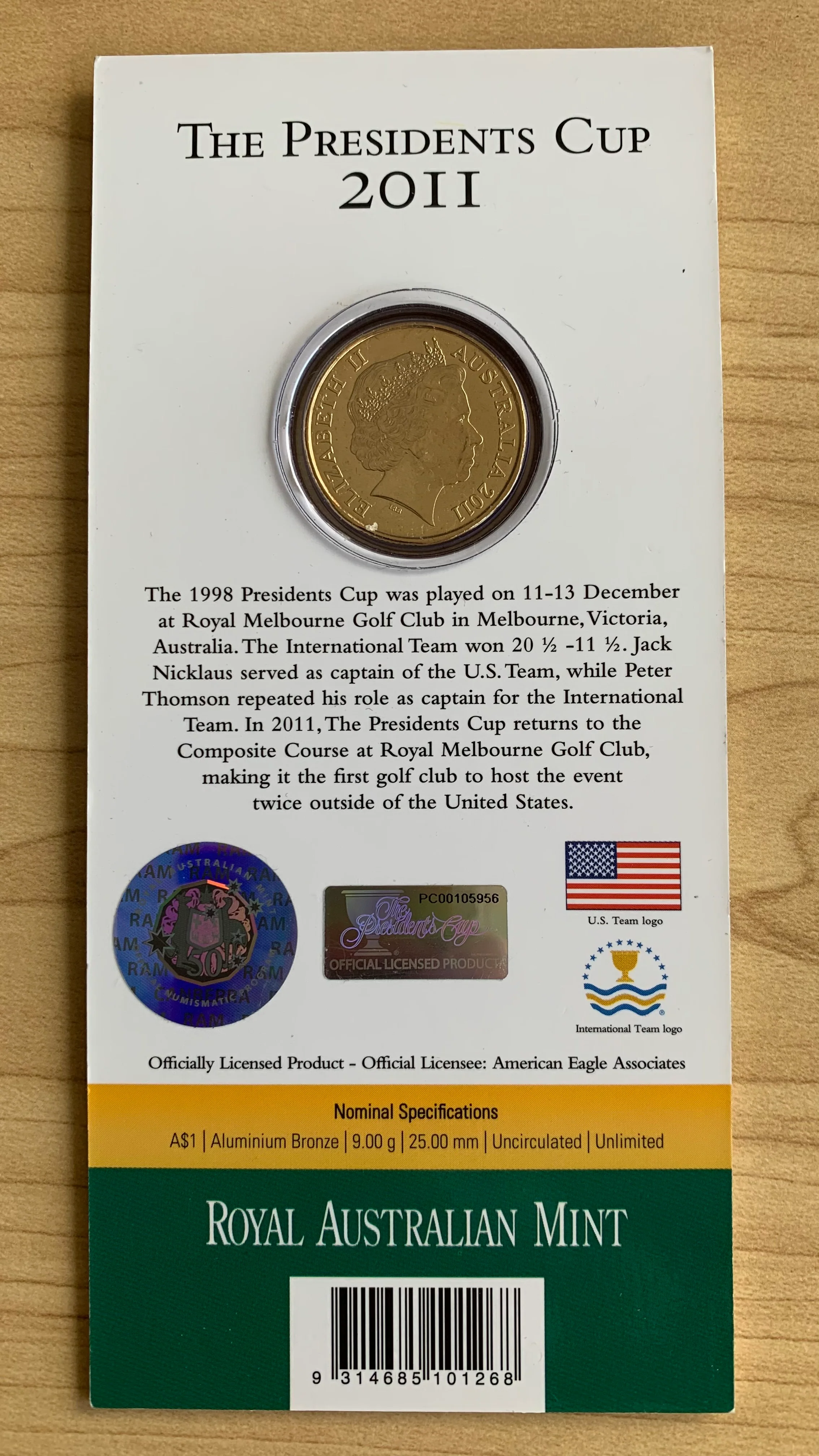 Australian 2011 The Presidents Cup RAM $1  Uncirculated Coin - Image 2