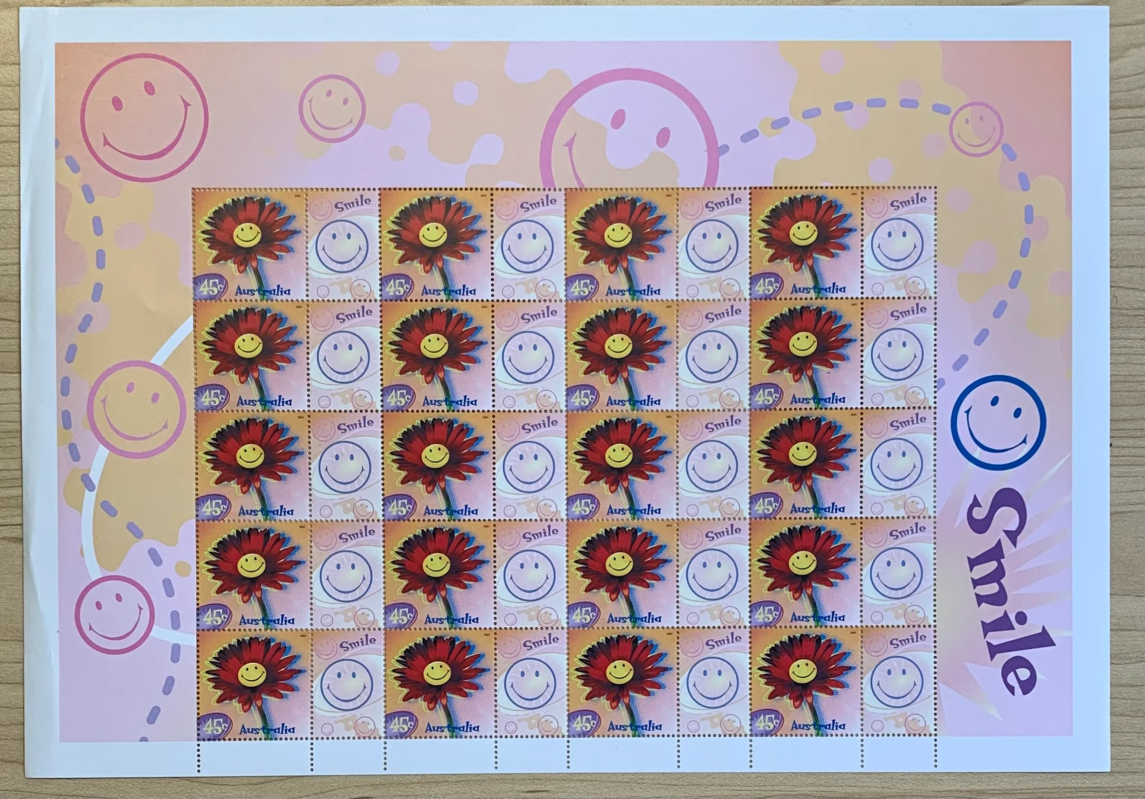Australian 2001 45c Greetings Colour My Day Smiling Flower SES Stamp Sheet. Limited edition