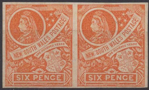 Australian States NSW SG 305a 6d Orange 1888 Centenary Imperforate Pair MLH Stamps