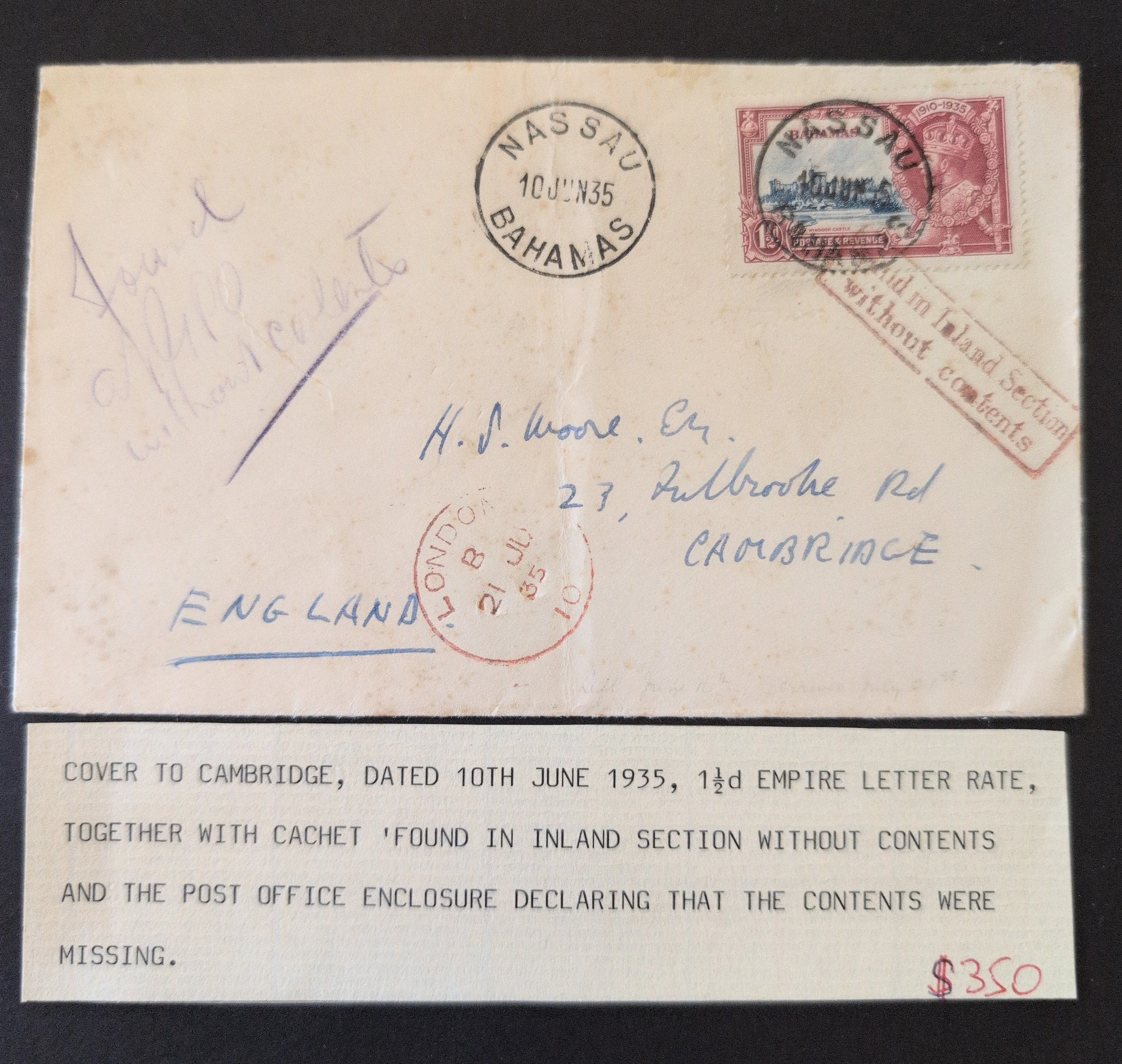 Bahamas Cover to Cambridge England Contents Missing