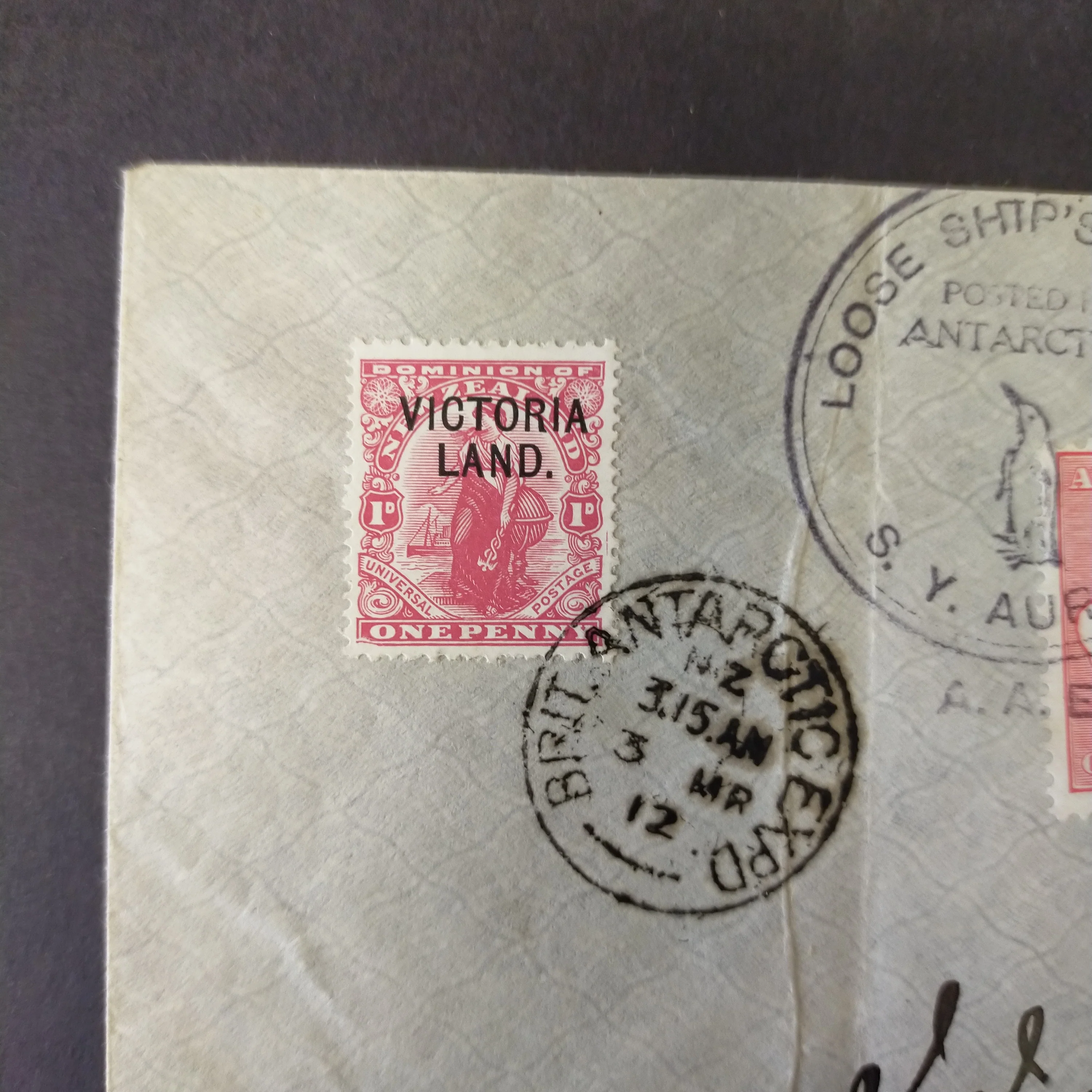British Antarctic Expedition stationary adressed to expedition agent J. Kinsey King Edward VII Land cancelled Mar 4 1909, Victoria Land 1d cancelled Mar 3 1912 - Image 5