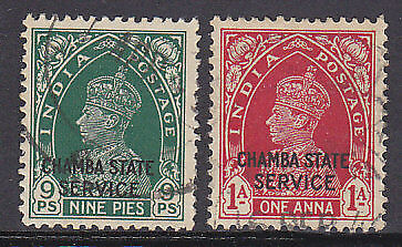 Chamba on India Indian States SG O66/O67 Official 9p grn & 1a carm Used Stamp