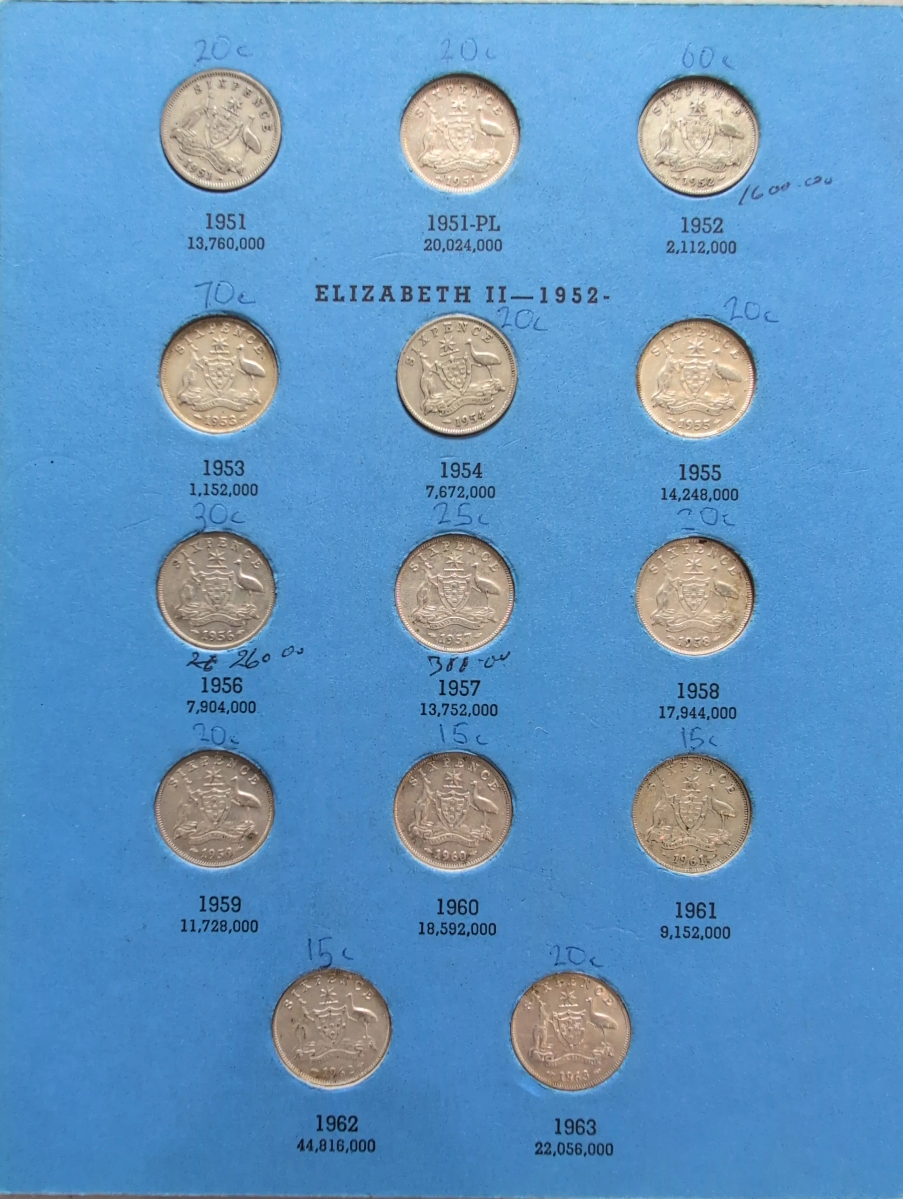 Australia 1910-63 Complete Set 6d Sixpence Silver Coins Very Good to about Uncirculated Condition - Image 3