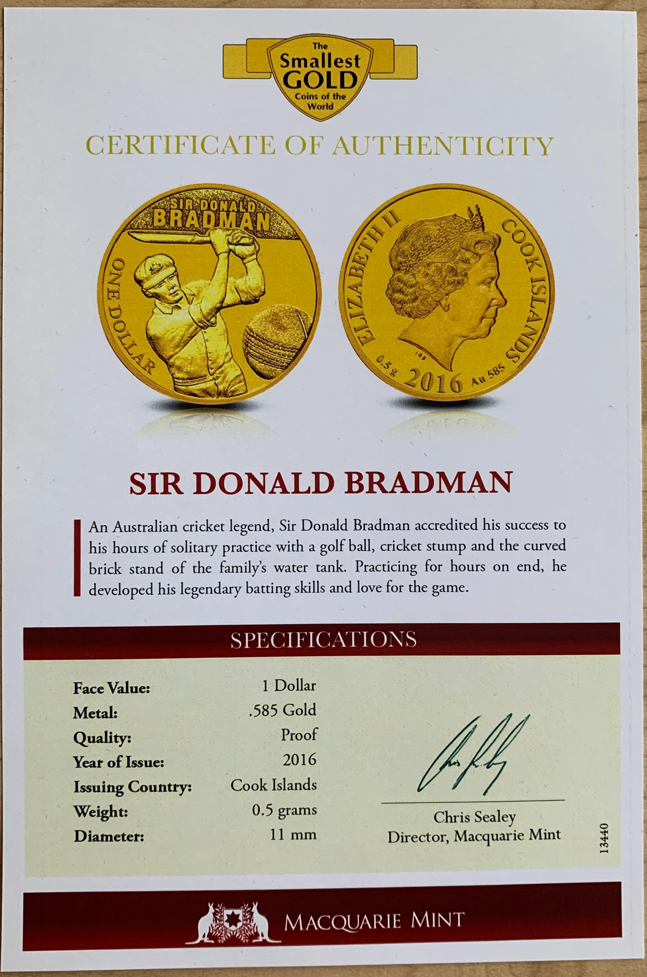 Cook Islands 2016 $1 Macquarie Mint Sir Donald Bradman .5 grams of .585 Gold Coin - Image 3