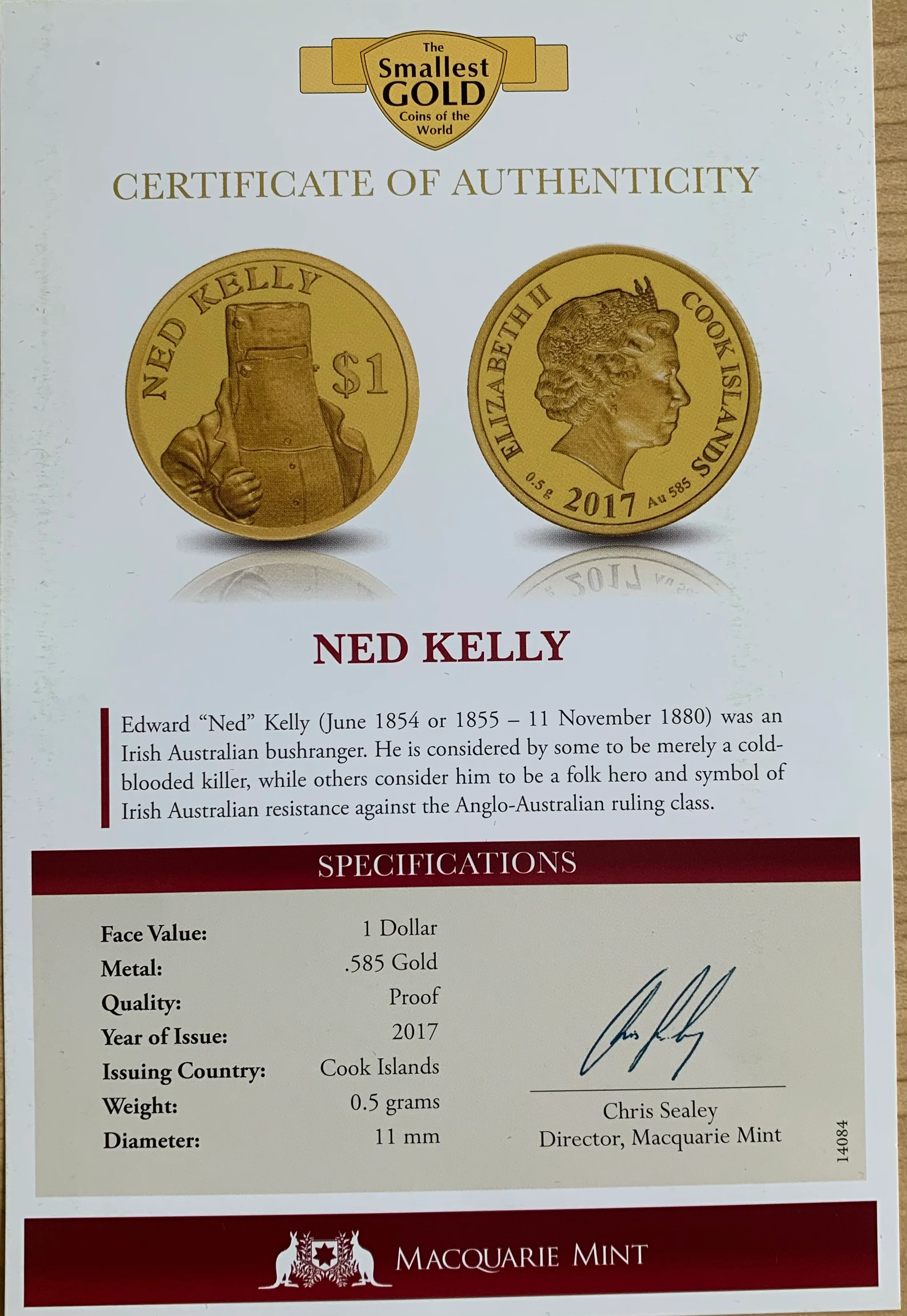 Cook Islands 2017 Macquarie Mint $1 Ned Kelly .5 grams of .585 Gold Coin - Image 3