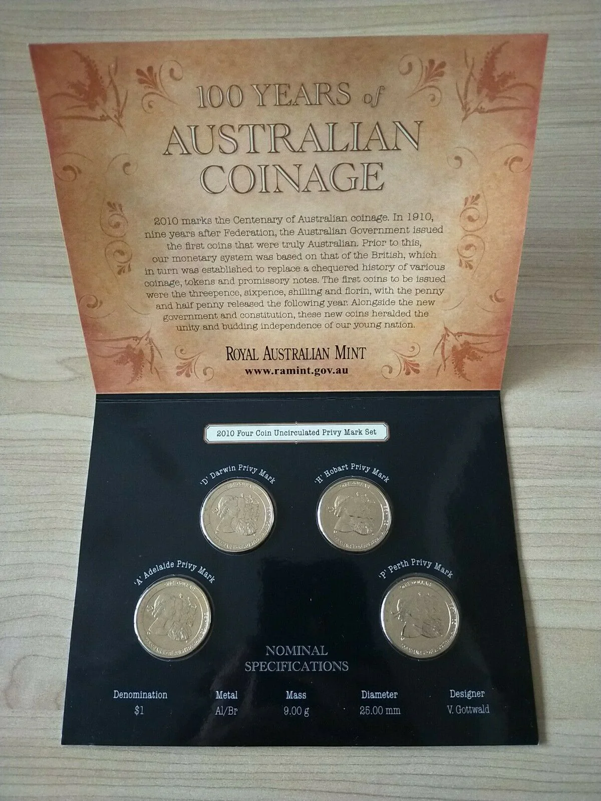 Australia 2010 $1 One Dollar 100 Years of Coinage set of 4 mintmarks Uncirculated- C, B, M, S - Image 3