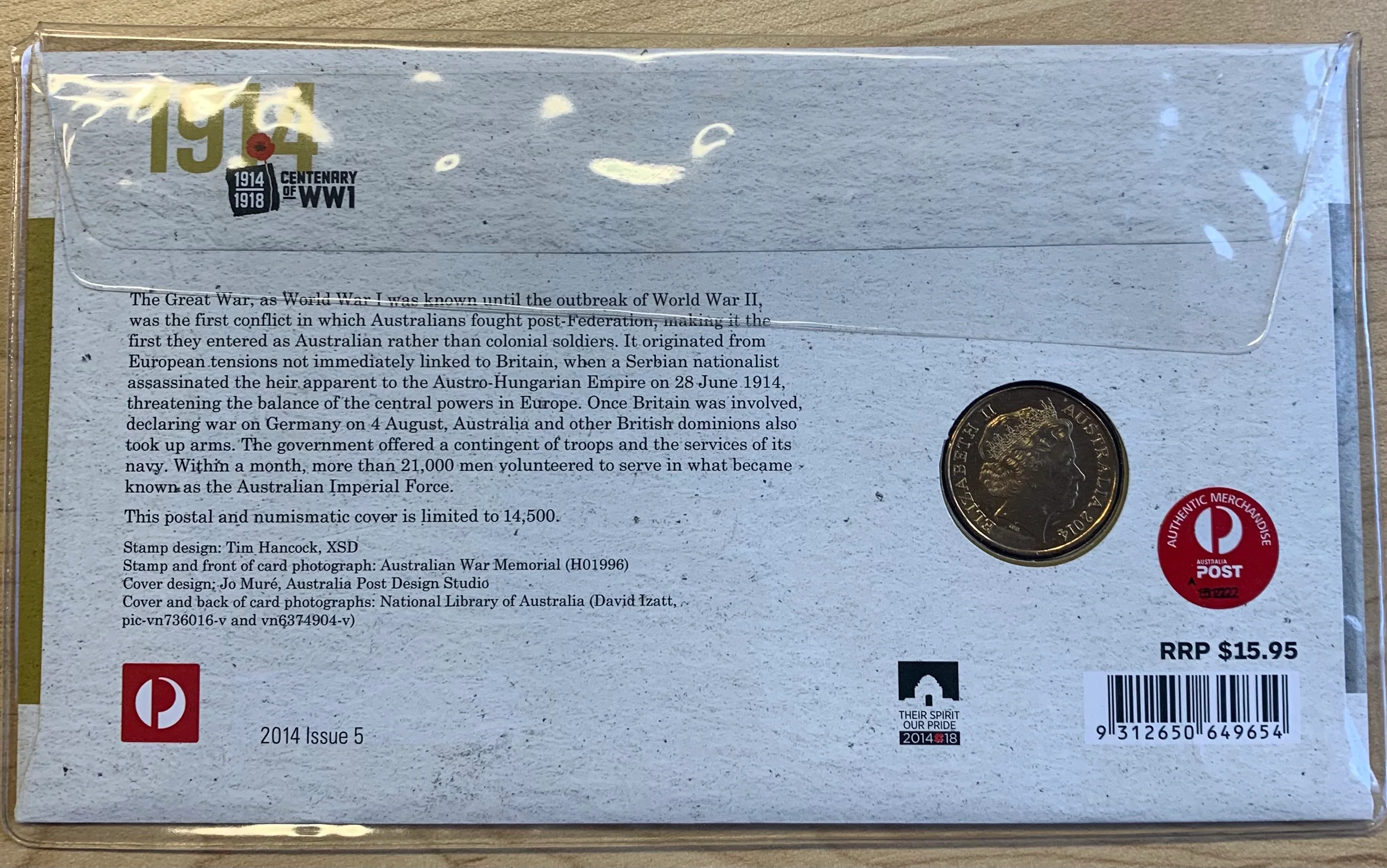 2014 $1 Australian Centenary of WW1 PNC APTA Brisbane show overprint - Image 3