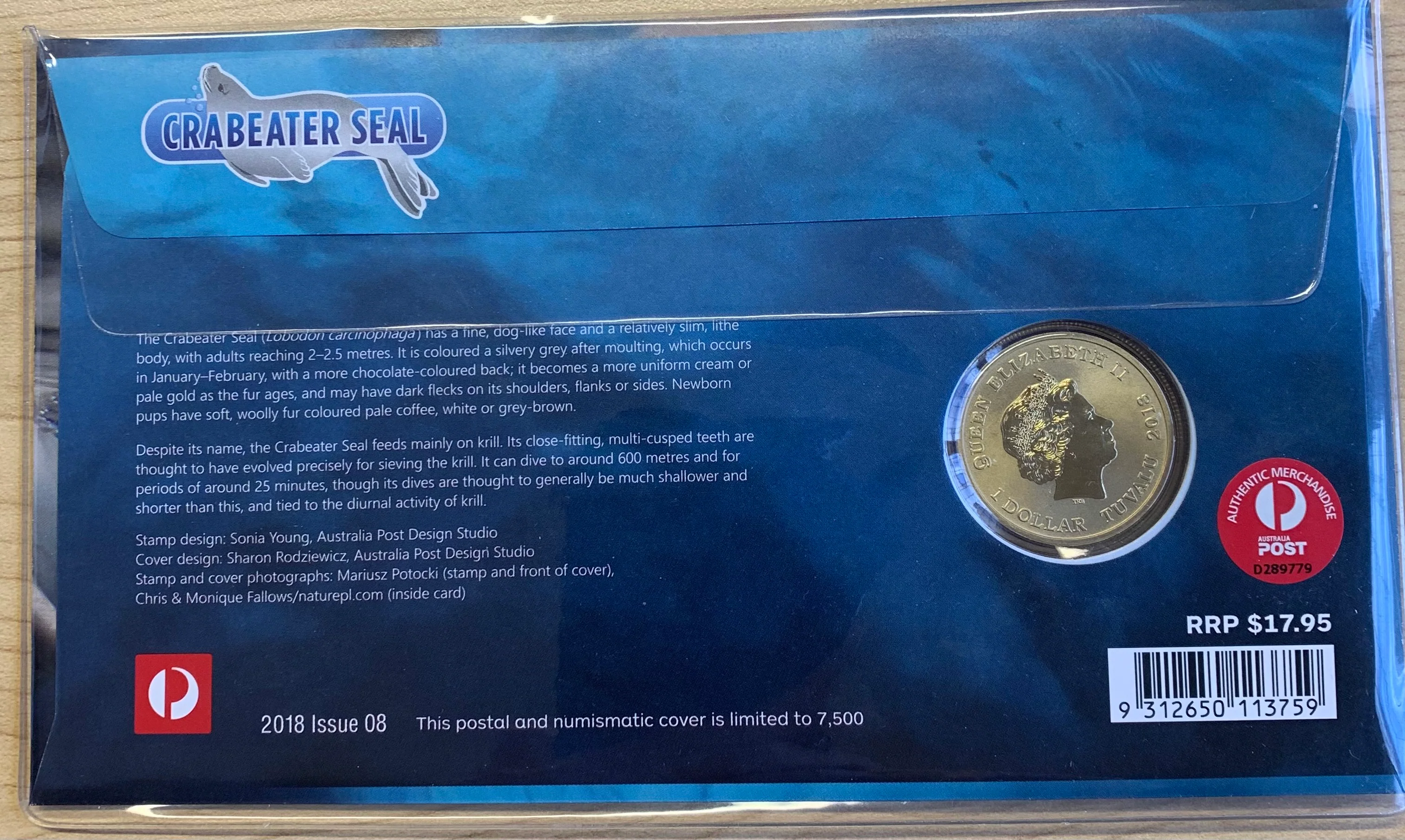 2018 $1 Tuvalu Crabeater Seal Coloured $1 PNC - Image 2