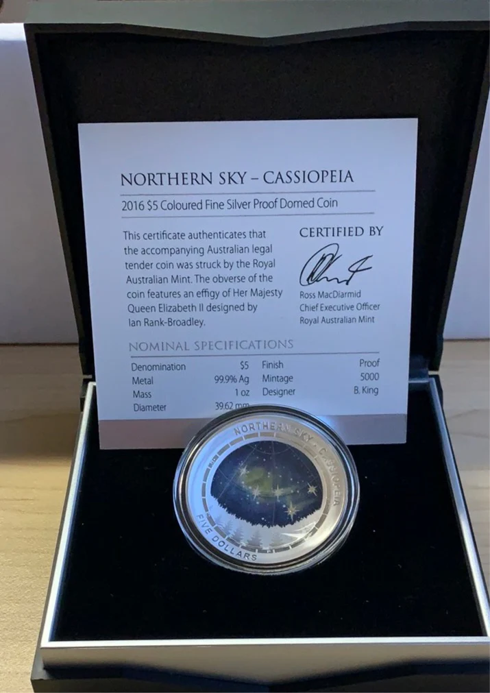 Australia 2016 Royal Australian Mint $5 Northern Sky Domed Cassiopeia 1oz 999 Silver Proof Coin