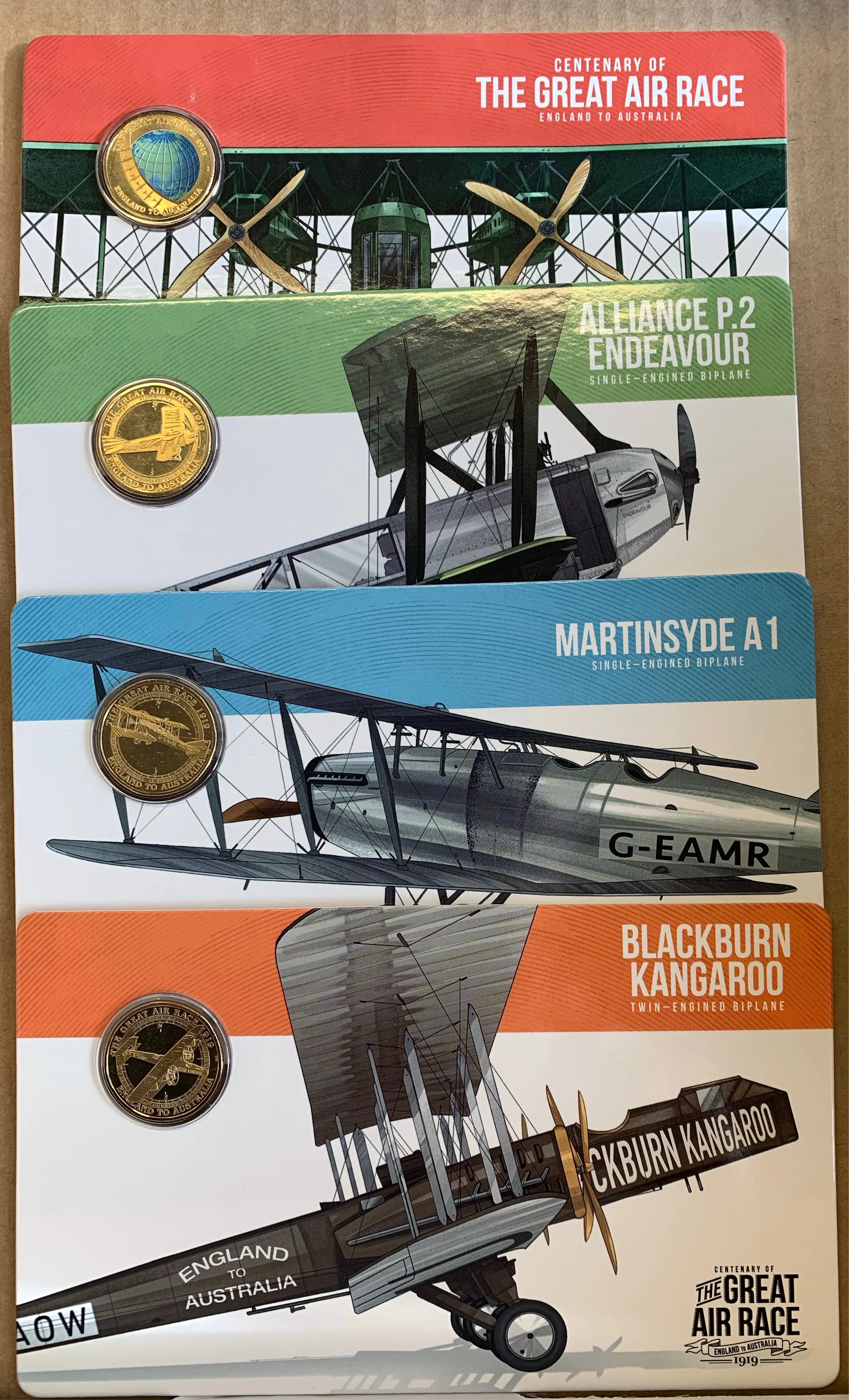 Australia 2019 Royal Australian Mint $1 Centenary of The Great Air Race set of 8 coloured Coins in attractive commemorative tin - Image 4