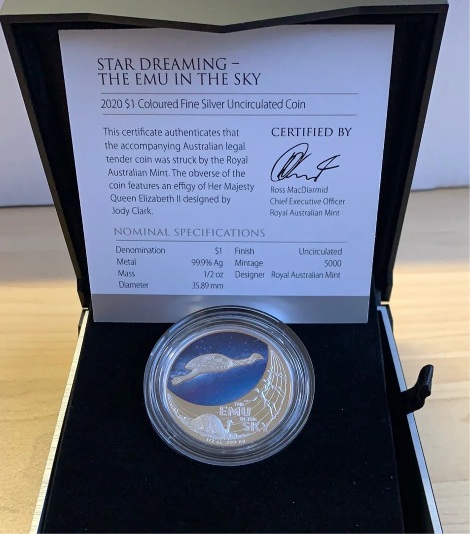Australia 2020 Royal Australian Mint $1 Star Dreaming - The Emu in the Sky 1/2oz 999 Royal Australian Mint Silver Proof Coin in Box with Certificate