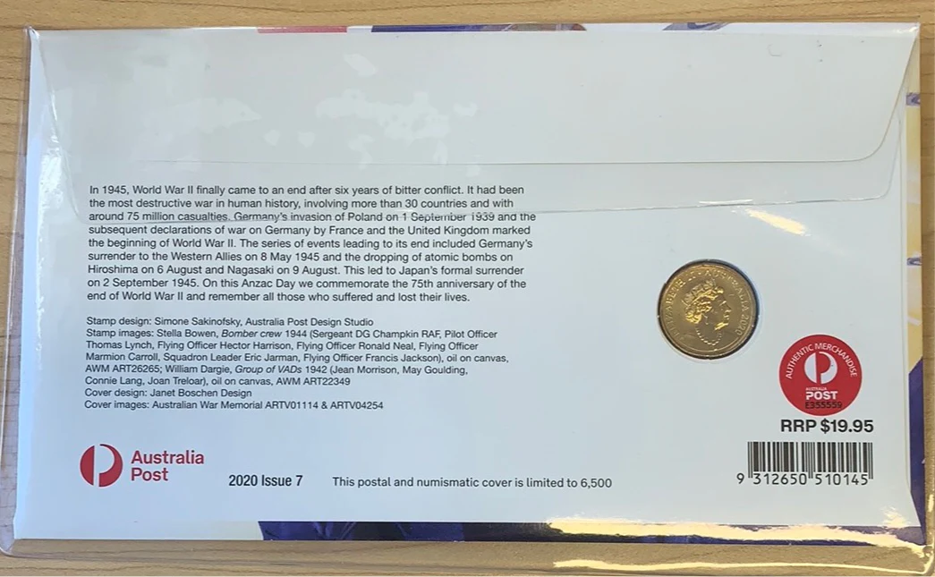 2020 $2 ANZAC Day 75th Anniversary of the End of WWII PNC with coloured $2 coin - Image 2
