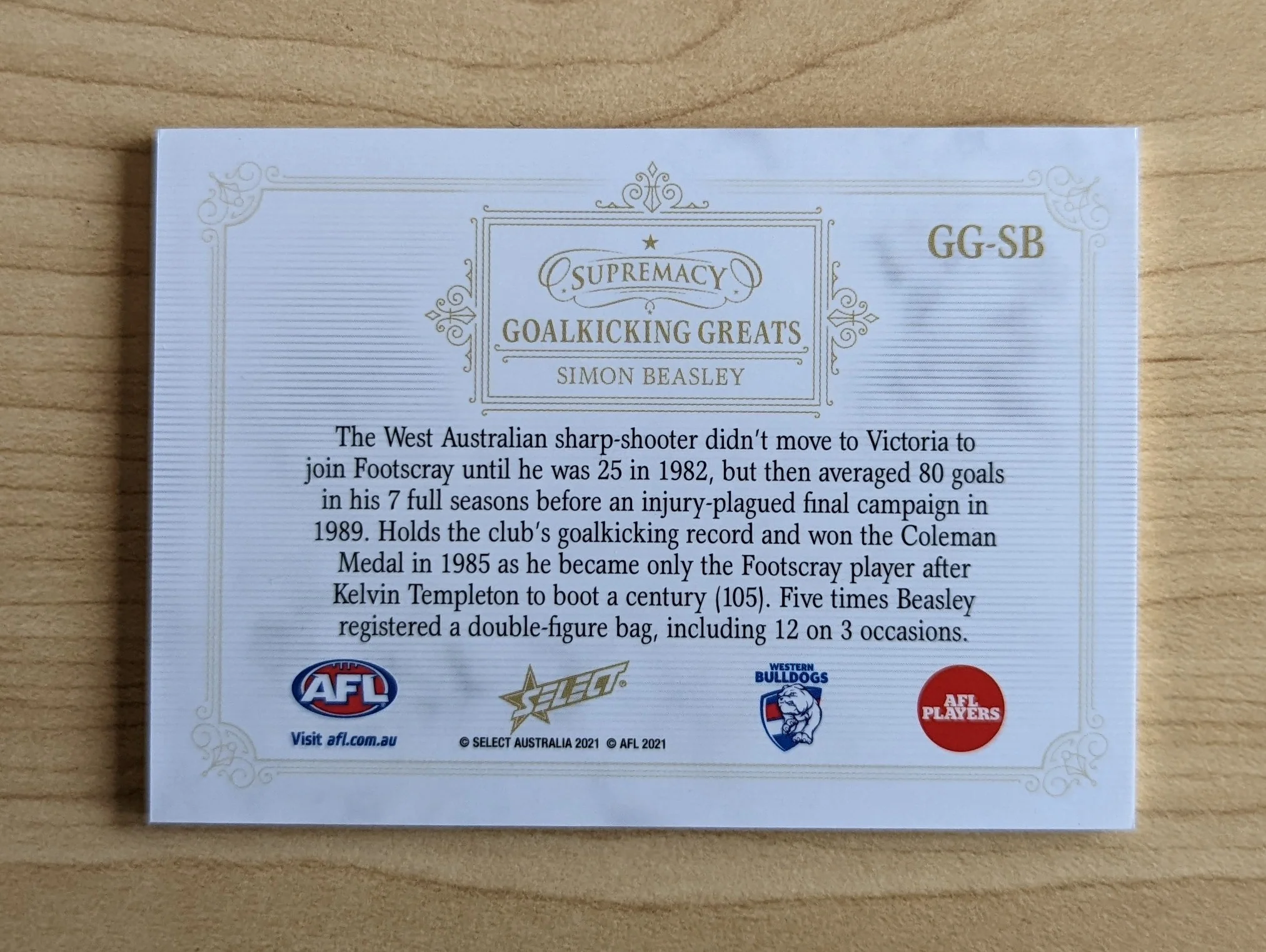 2021 Select Supremacy Goalkicking Greats Simon Beasley Western Bulldogs Low Number 04/50 - Image 2