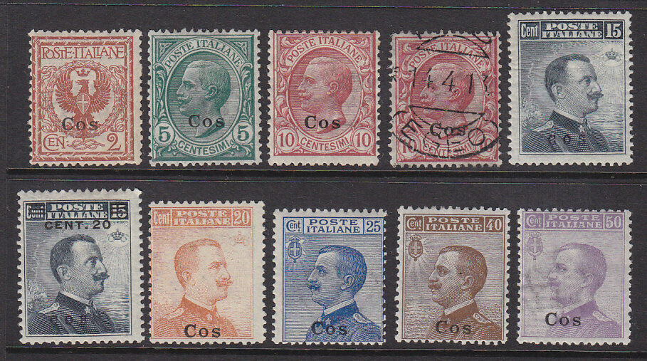 Cos on Italy Italian Colonies Greece 10 values from 3C to 13C Mint and one used