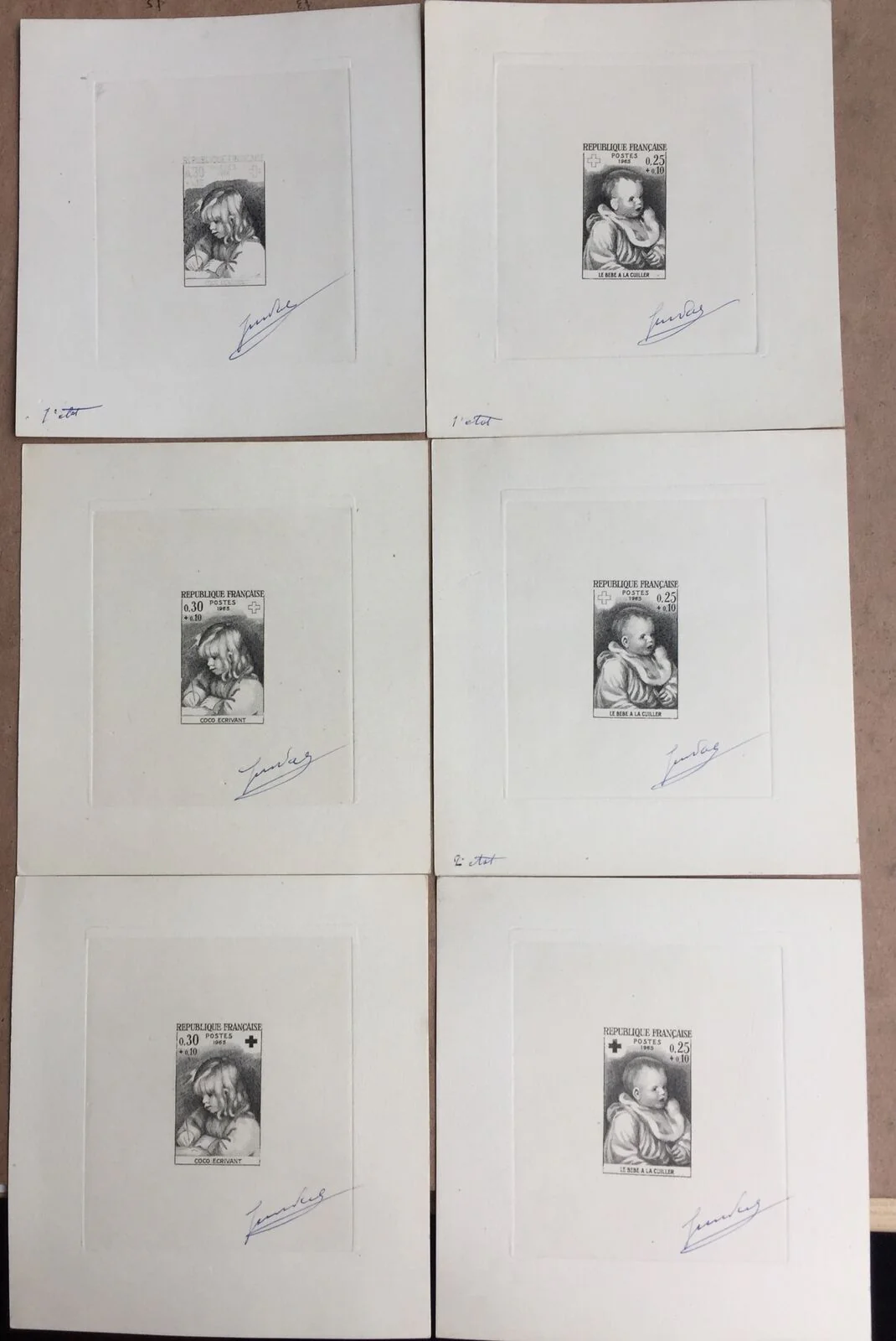 France 1965 Red Cross Fund Set. 1st, 2nd & Final State Artist Signed Die Proof