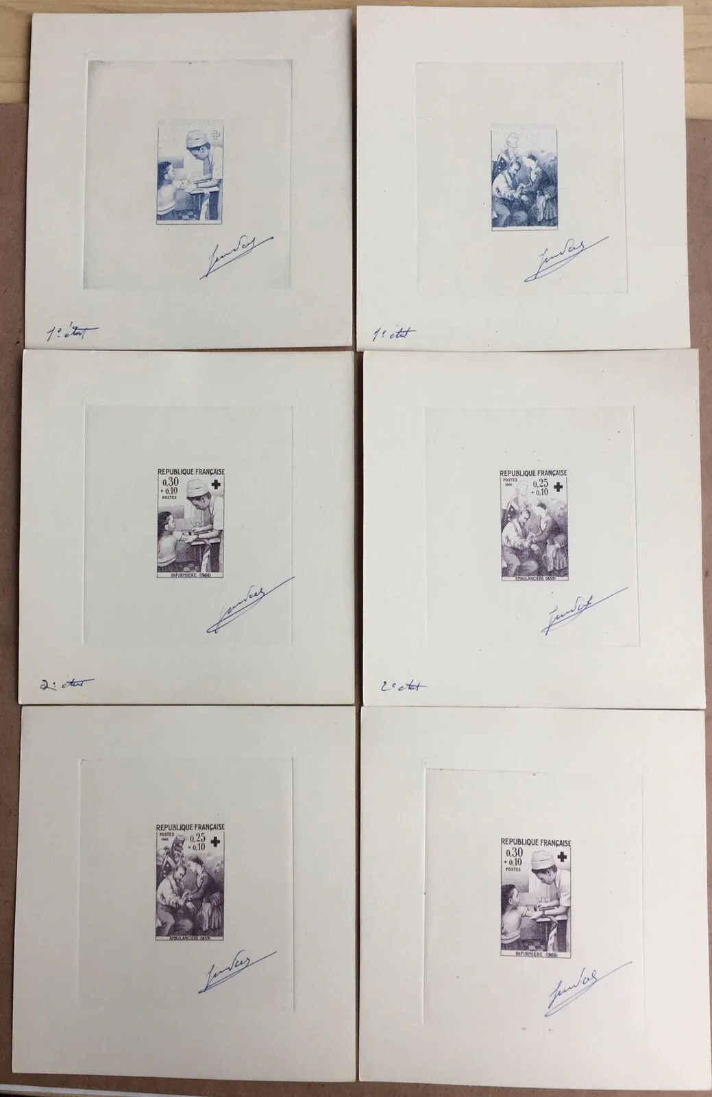 France 1966 Red Cross Fund Set. 1st, 2nd & Final State Artist Signed Die Proof