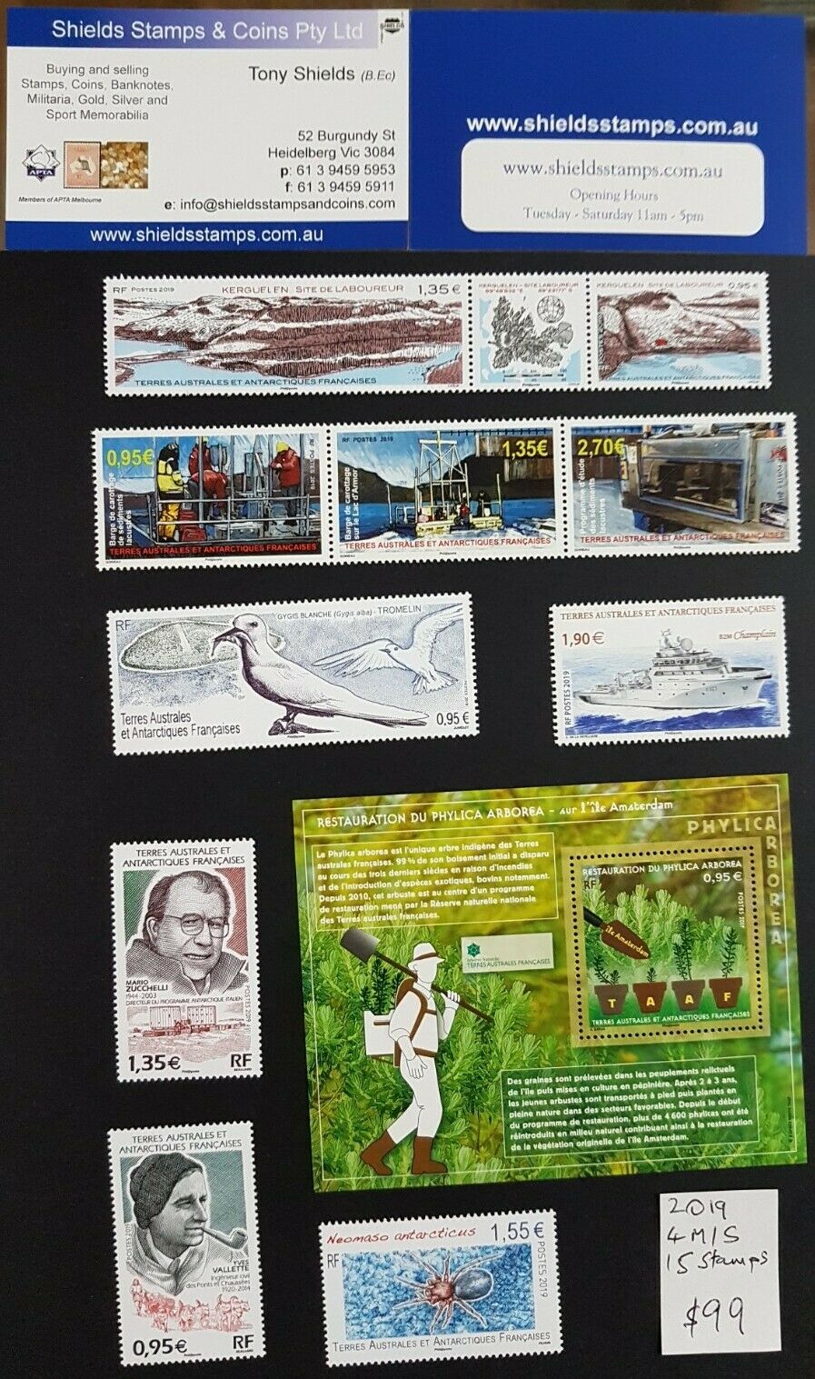 French Antarctic Territory TAAF 2019 year set of 15 stamps and 4 sheets