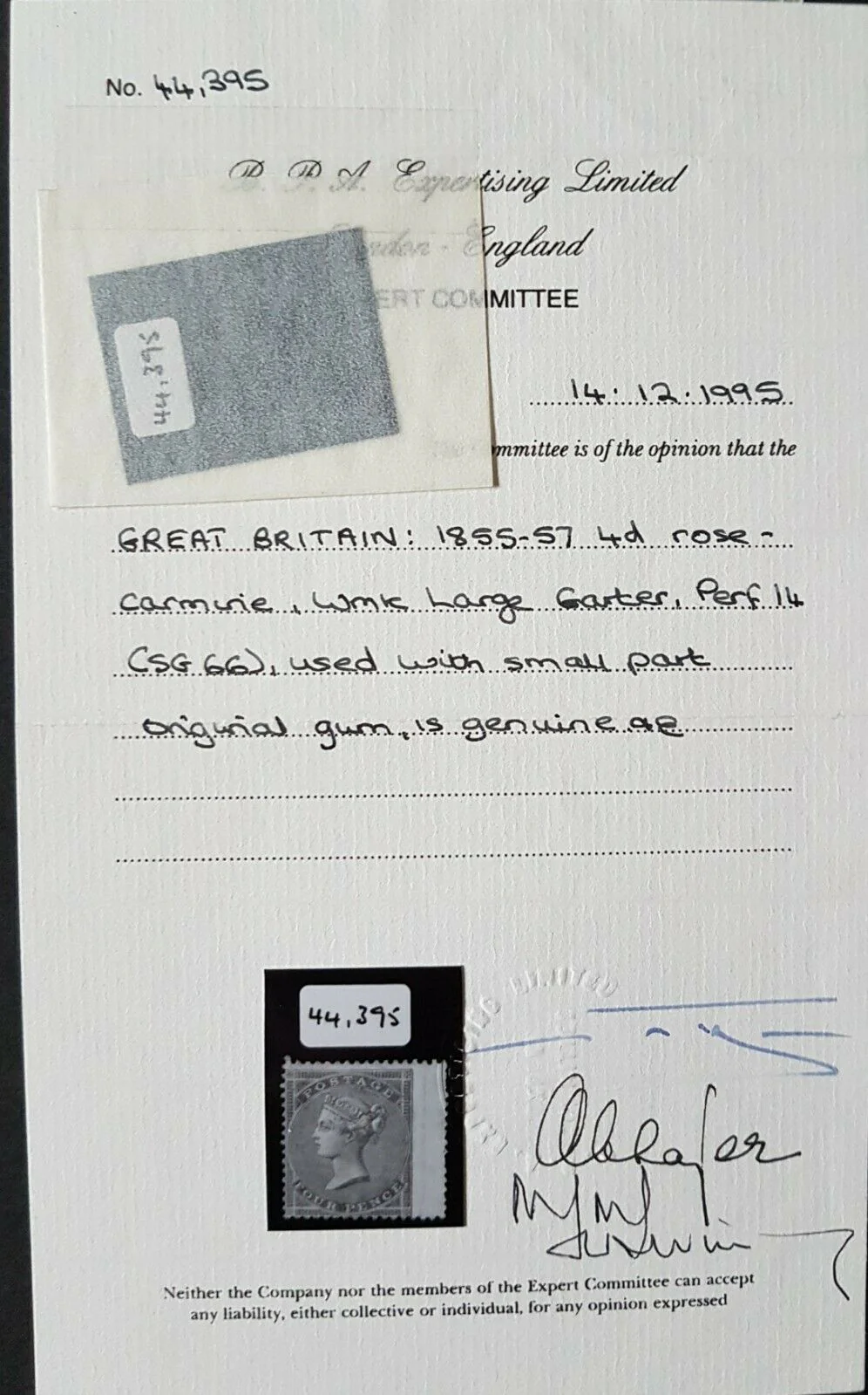 GB Great Britain SG 66 4d Rose Carmine Queen Victoria Mint with certificate value £2100 - Image 2