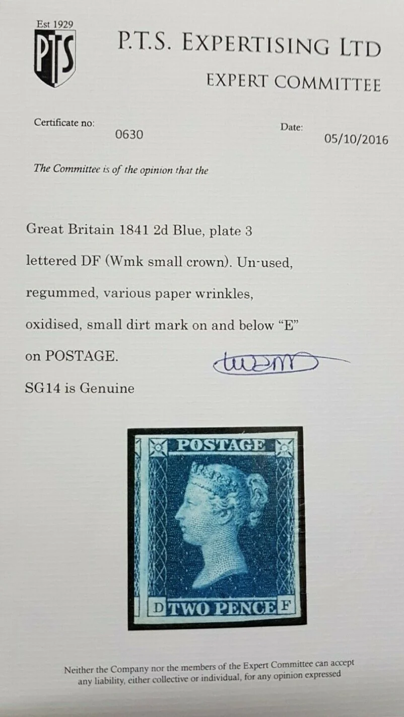 GB Great Britain 1841 SG 14 2d Blue plate 3, mint regummed, see certificate cat £6500 - Image 2