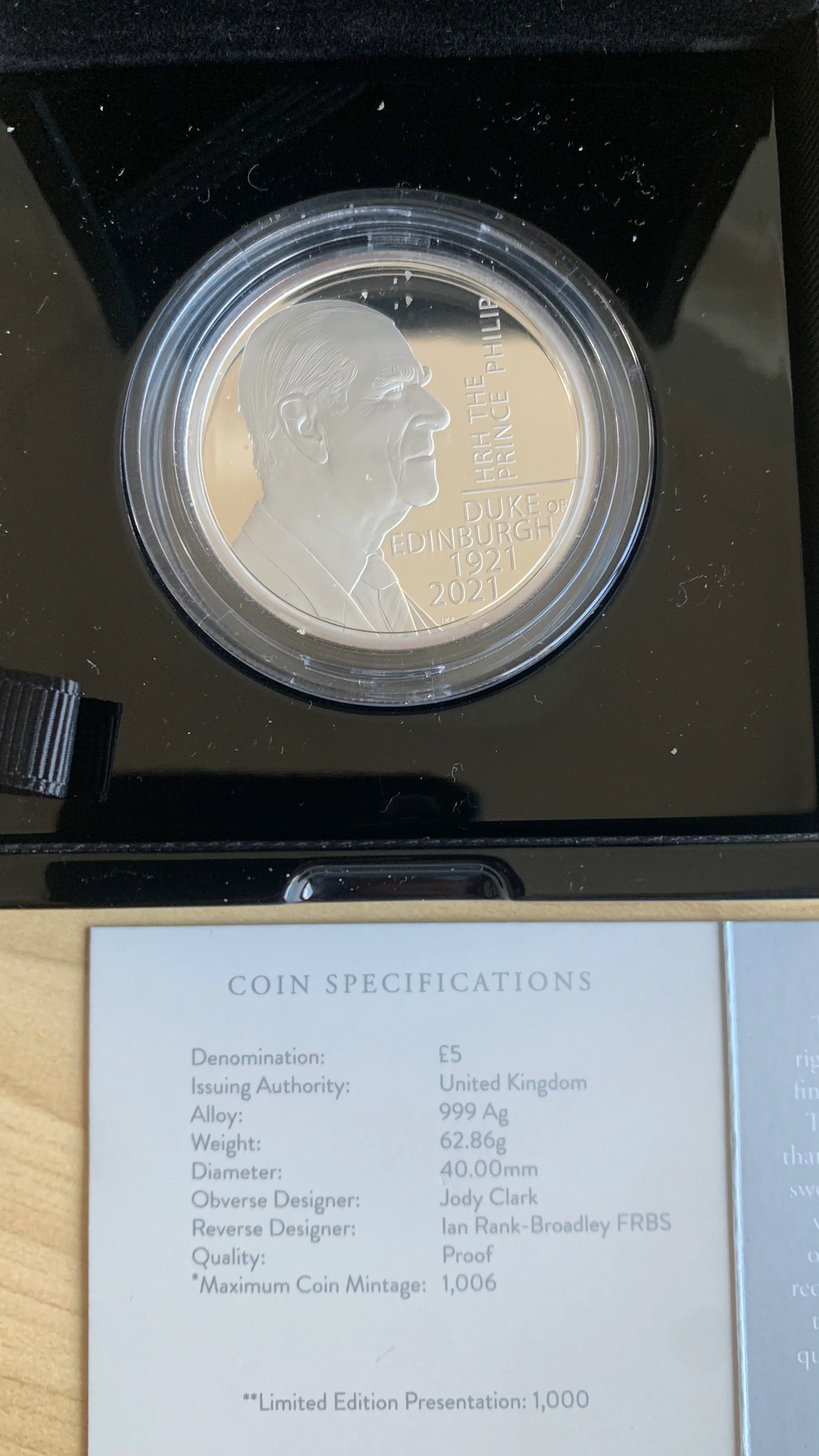 Great Britain UK 2021 Prince Philip 5 Pounds Silver Proof Superb Condition