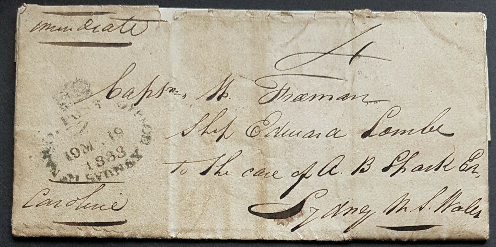 GB - NSW Pre stamp 22 Oct 1832, arrived Sydney 19 March 1833.