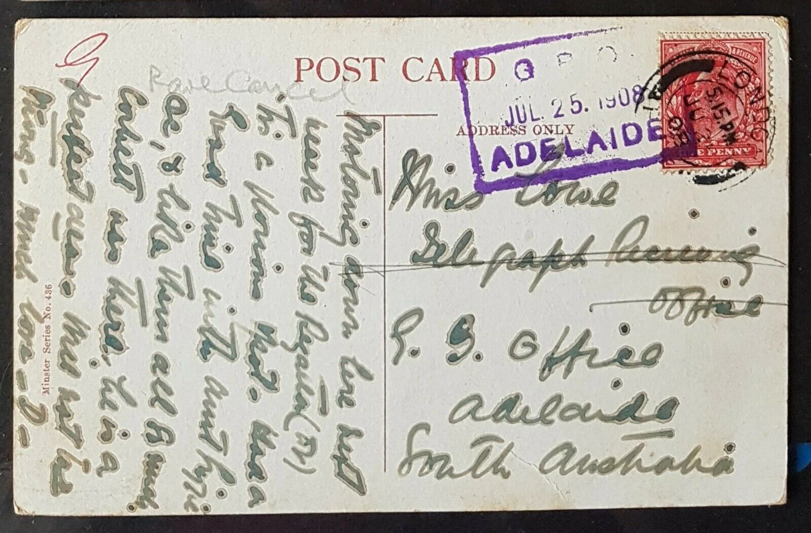 GB - SA with Violet boxed GPO Adelaide 1908 cancel. Not seen by us before.