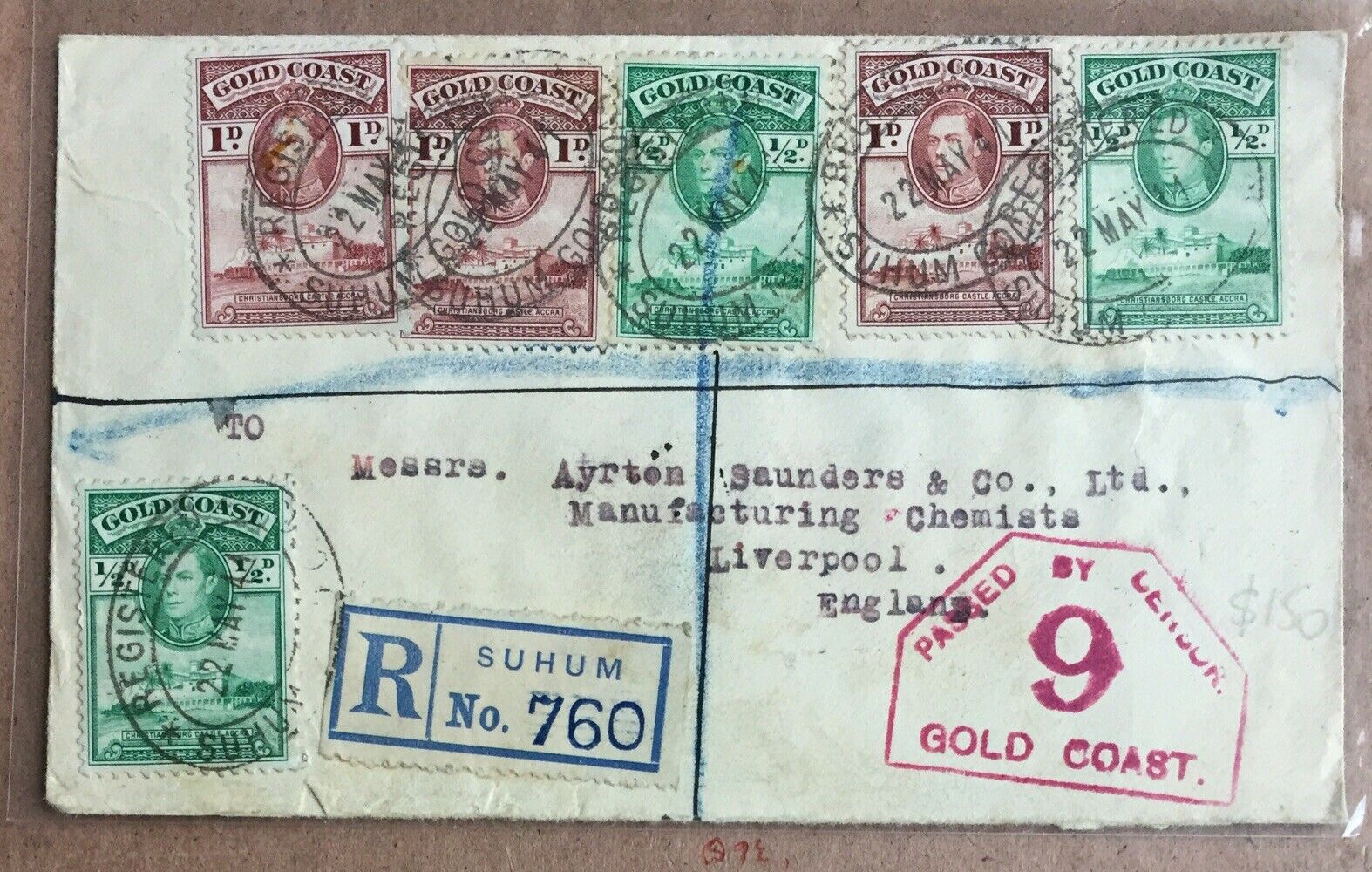Gold Coast 1941 King George VI Registered Cover Passed By Censor to Liverpool