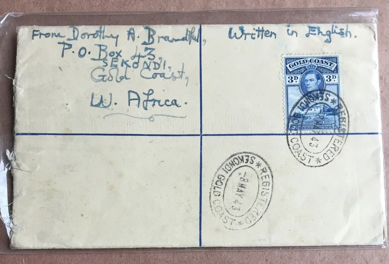 Gold Coast 1943 King George VI 3d Registered Letter Postal Stationery To York - Image 2