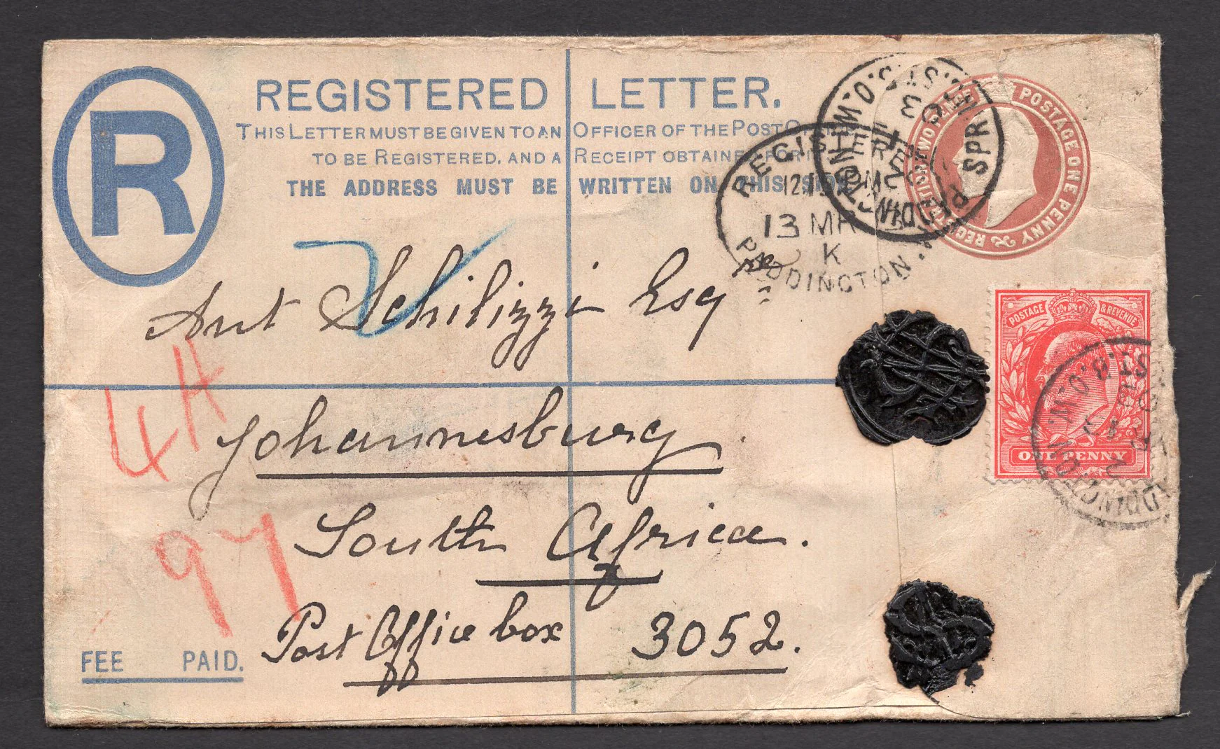 GB Great Britain Inland Registered Letter Fee Paid Post Office Box 3052 Back Transvaal TPO
