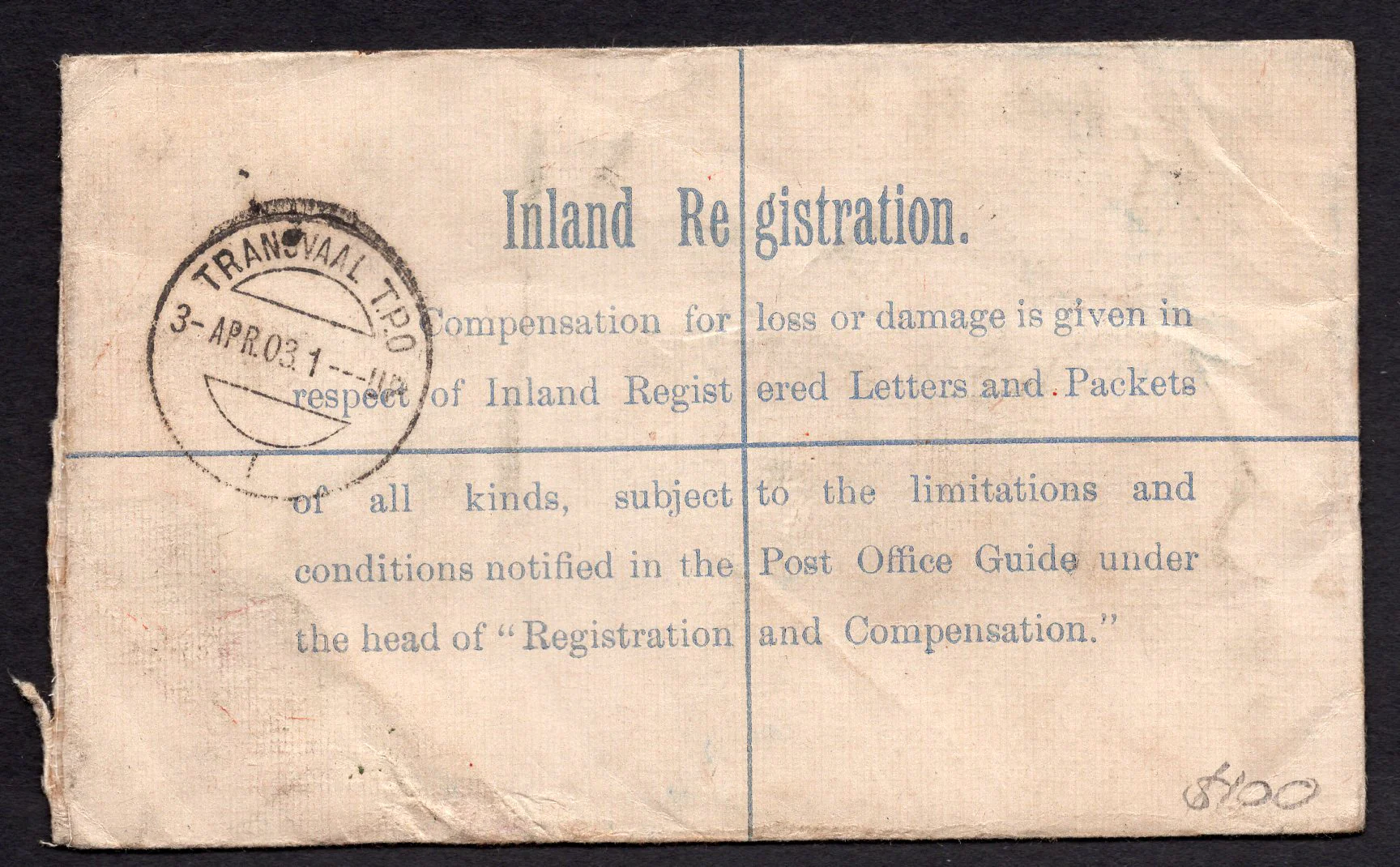 GB Great Britain Inland Registered Letter Fee Paid Post Office Box 3052 Back Transvaal TPO - Image 2