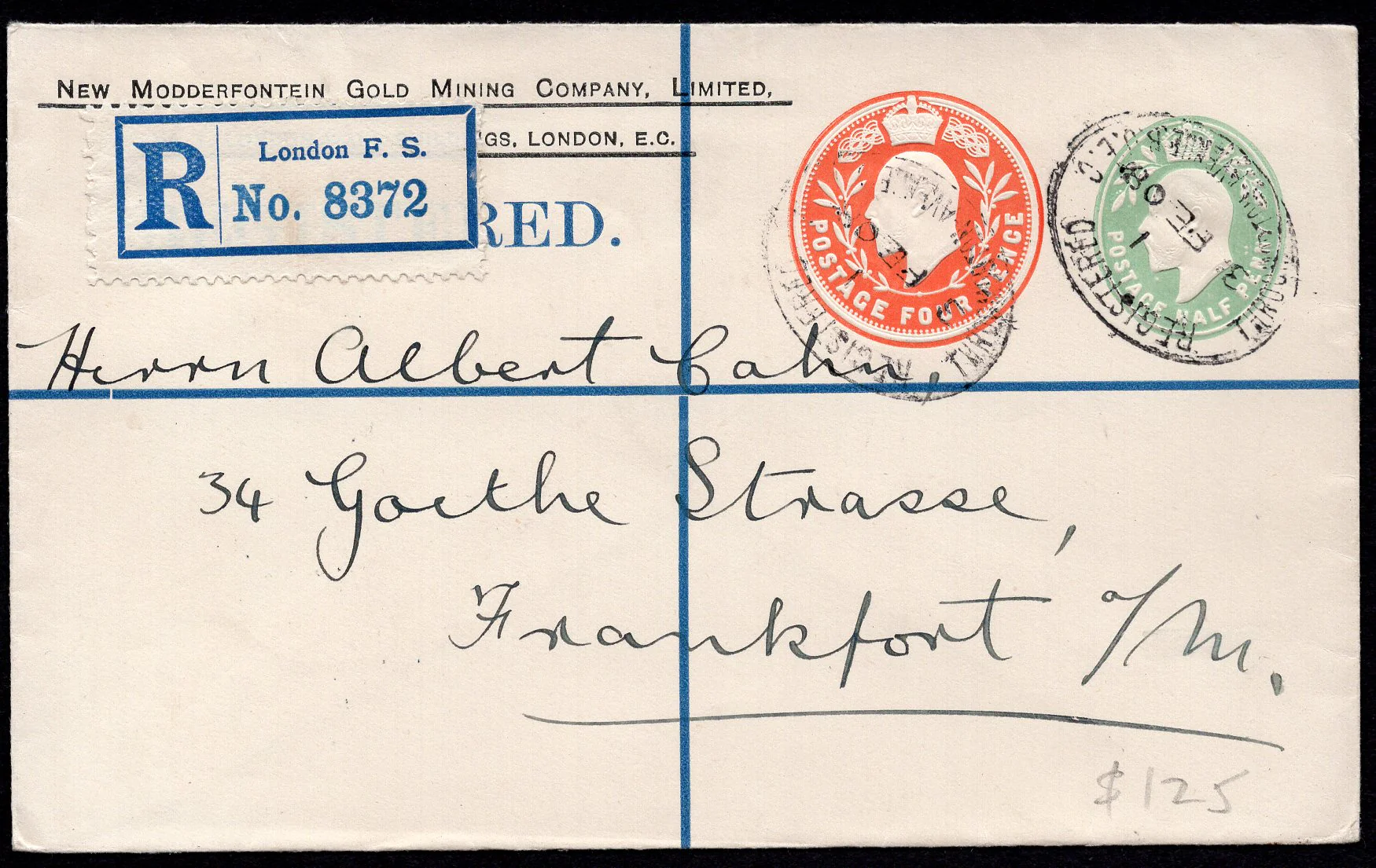 GB Great Britain Registered Mail London New Modderfontein Gold Mining Company