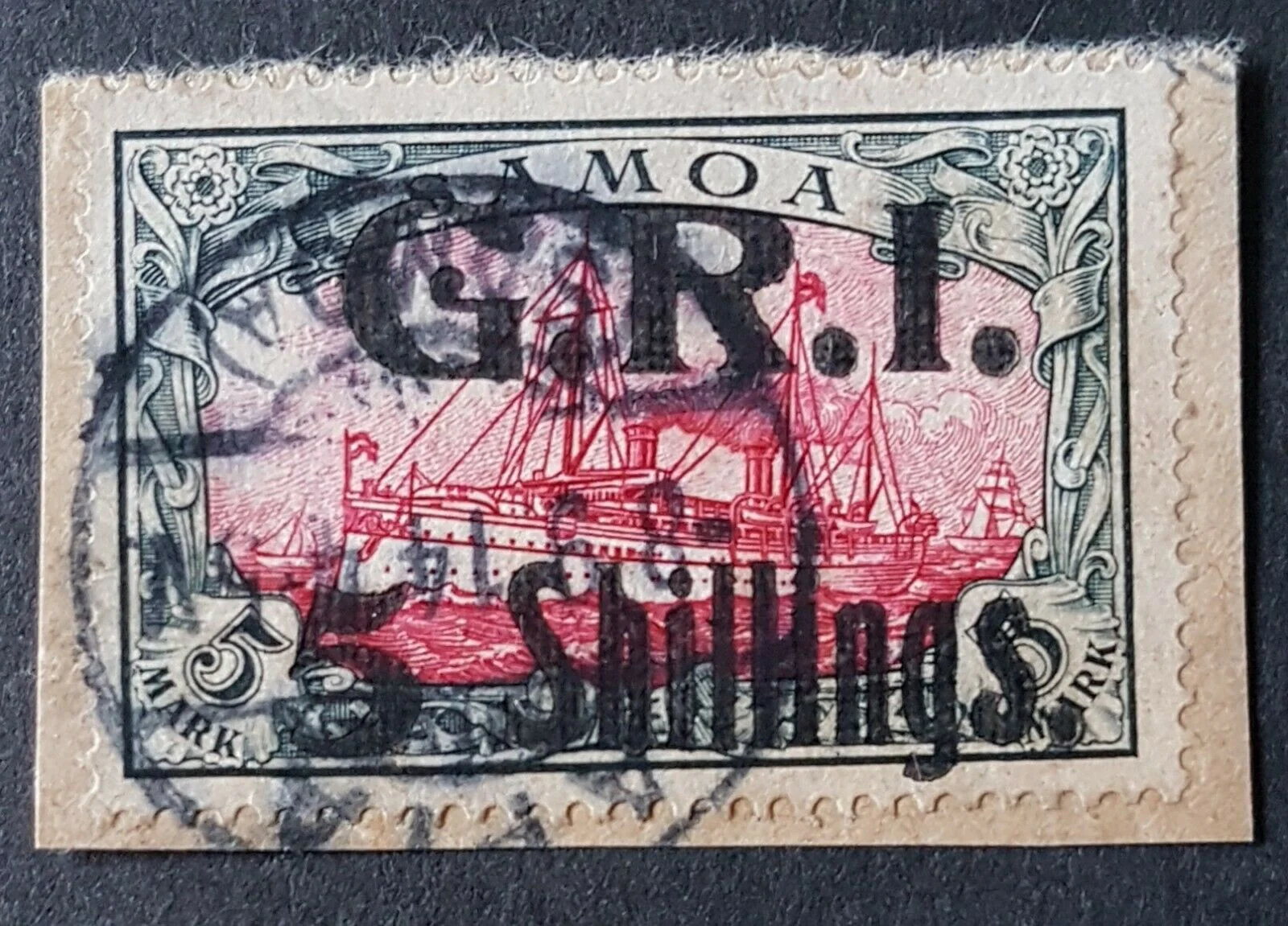 GRI on German Samoa SG 114 5/- on 5M carm + black used on piece with certificate