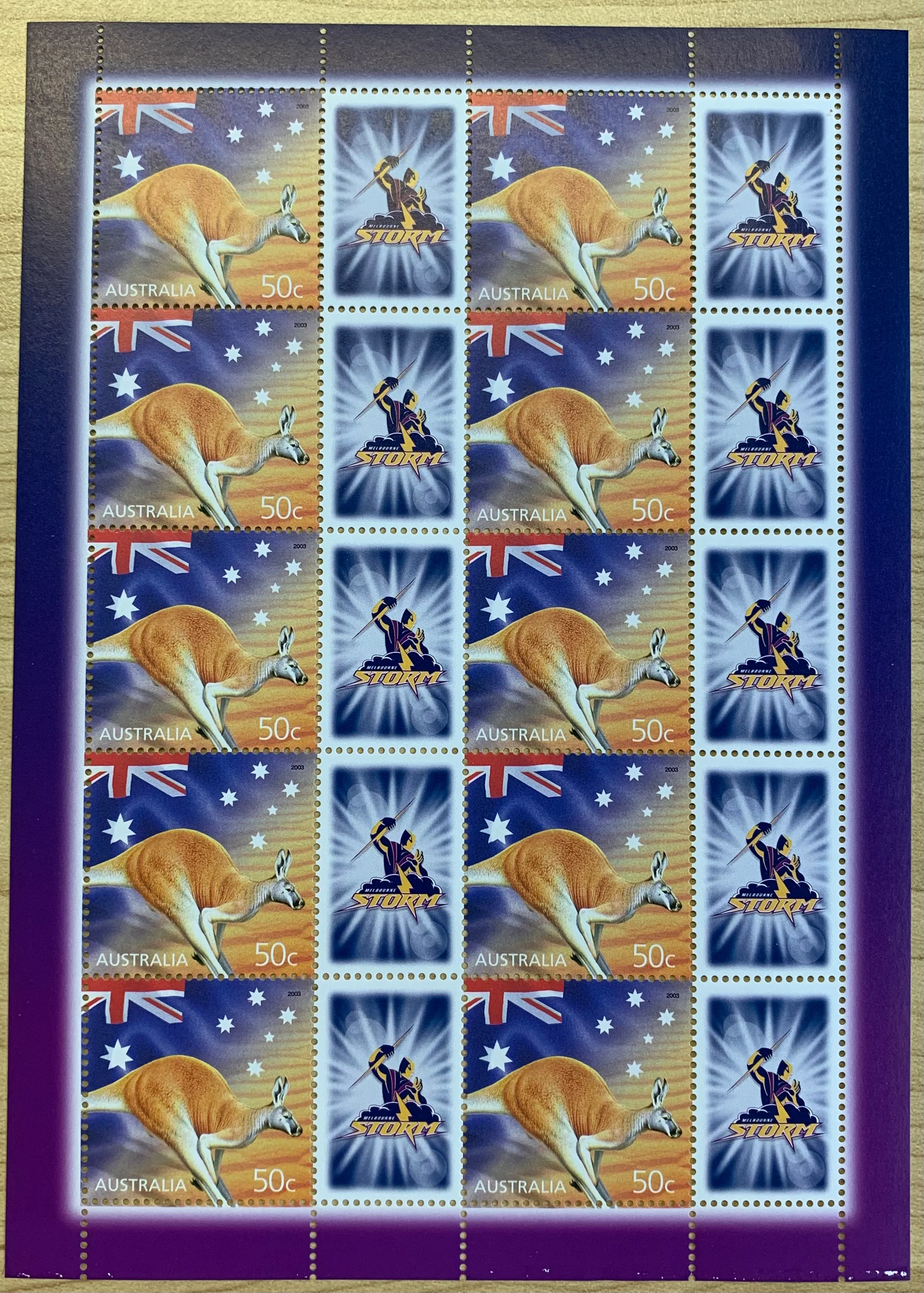 Australia 2003 50c Kangaroo with Melbourne Storm Rugby League Club SES stamp sheet of 10. Limited edition