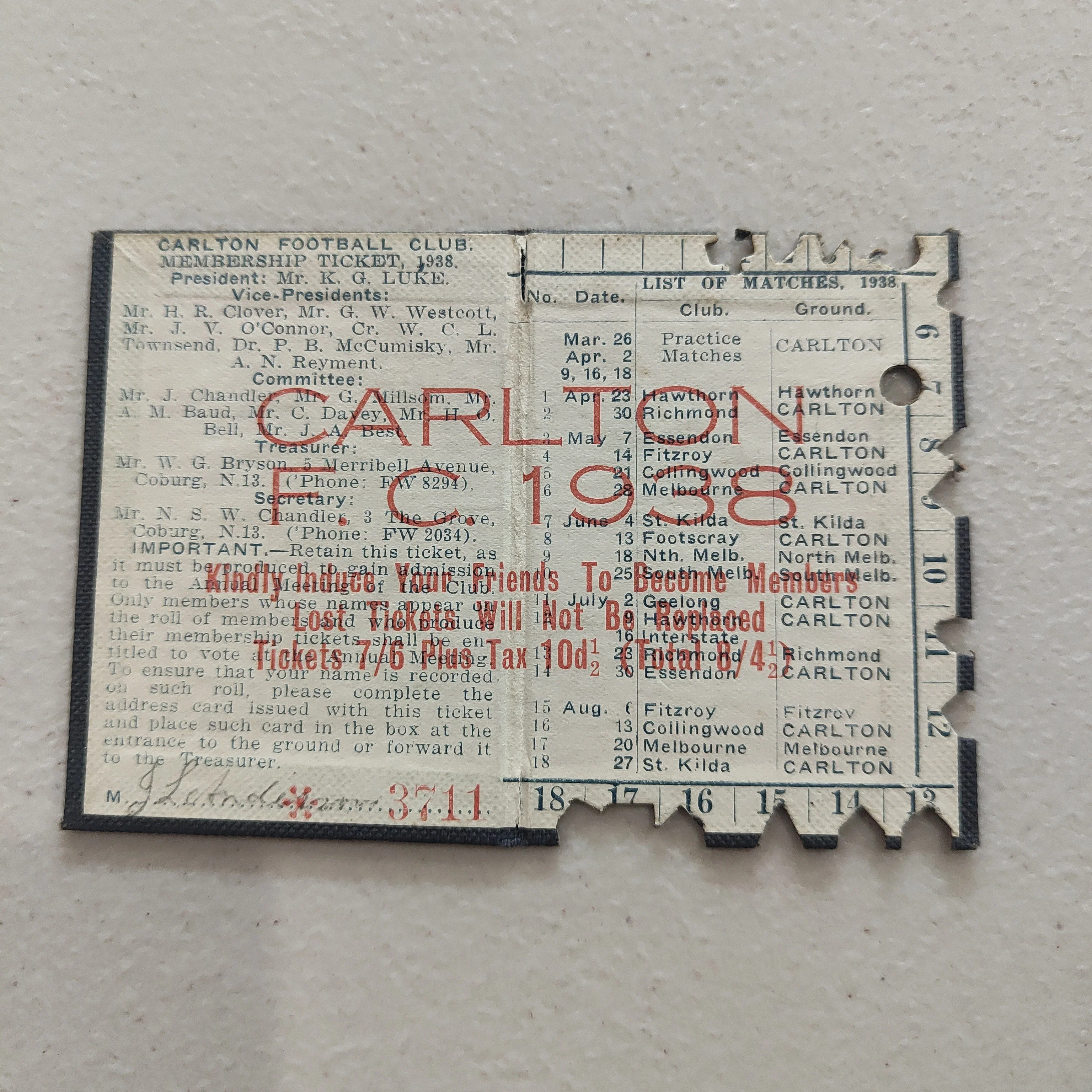 VFL Lot of 1938 Carlton Premiership Memorabilia Including Season Ticket and Signed Photograph - Image 11
