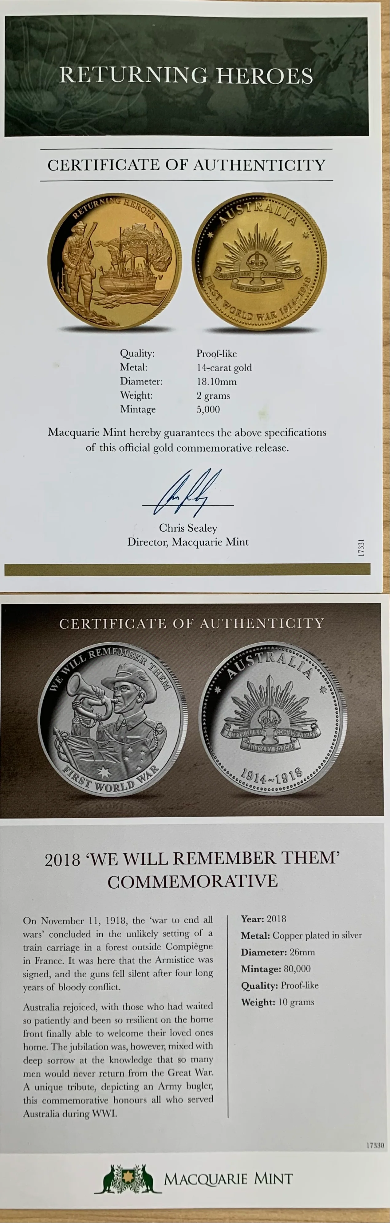 Macquarie Mint First World War Silver 10 Medallion Collection with Gold Coin - Image 2