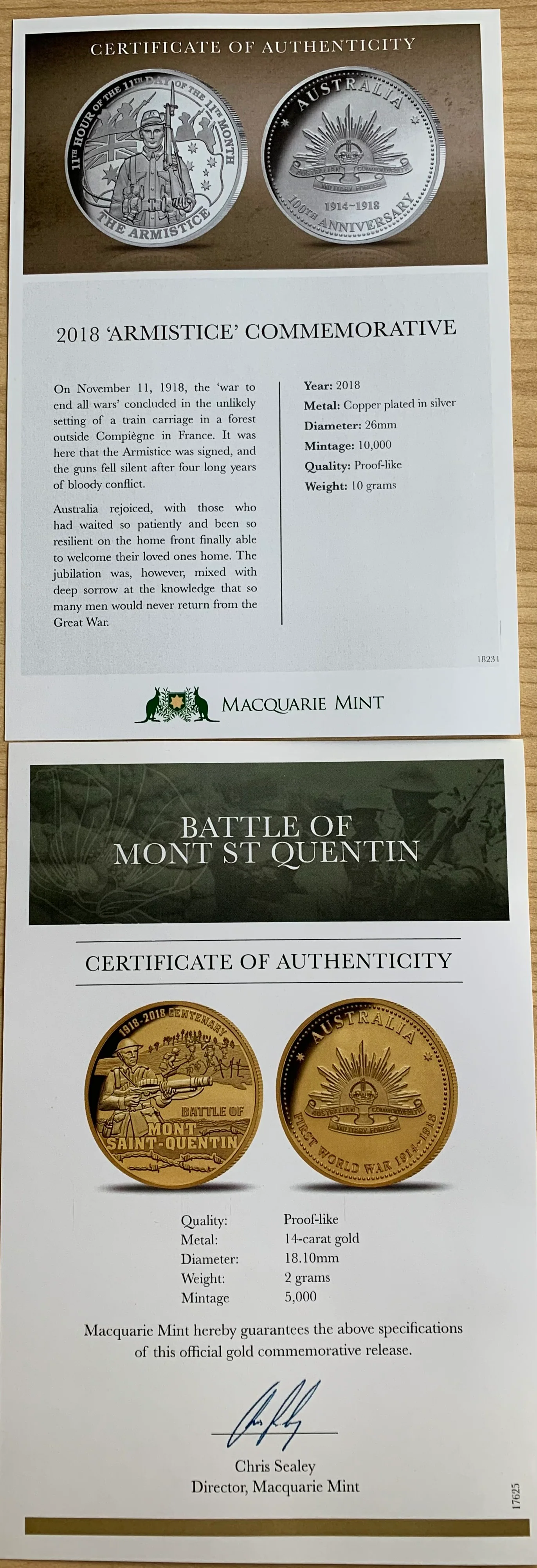 Macquarie Mint First World War Silver 10 Medallion Commemorative Collection with Gold Coin - Image 3