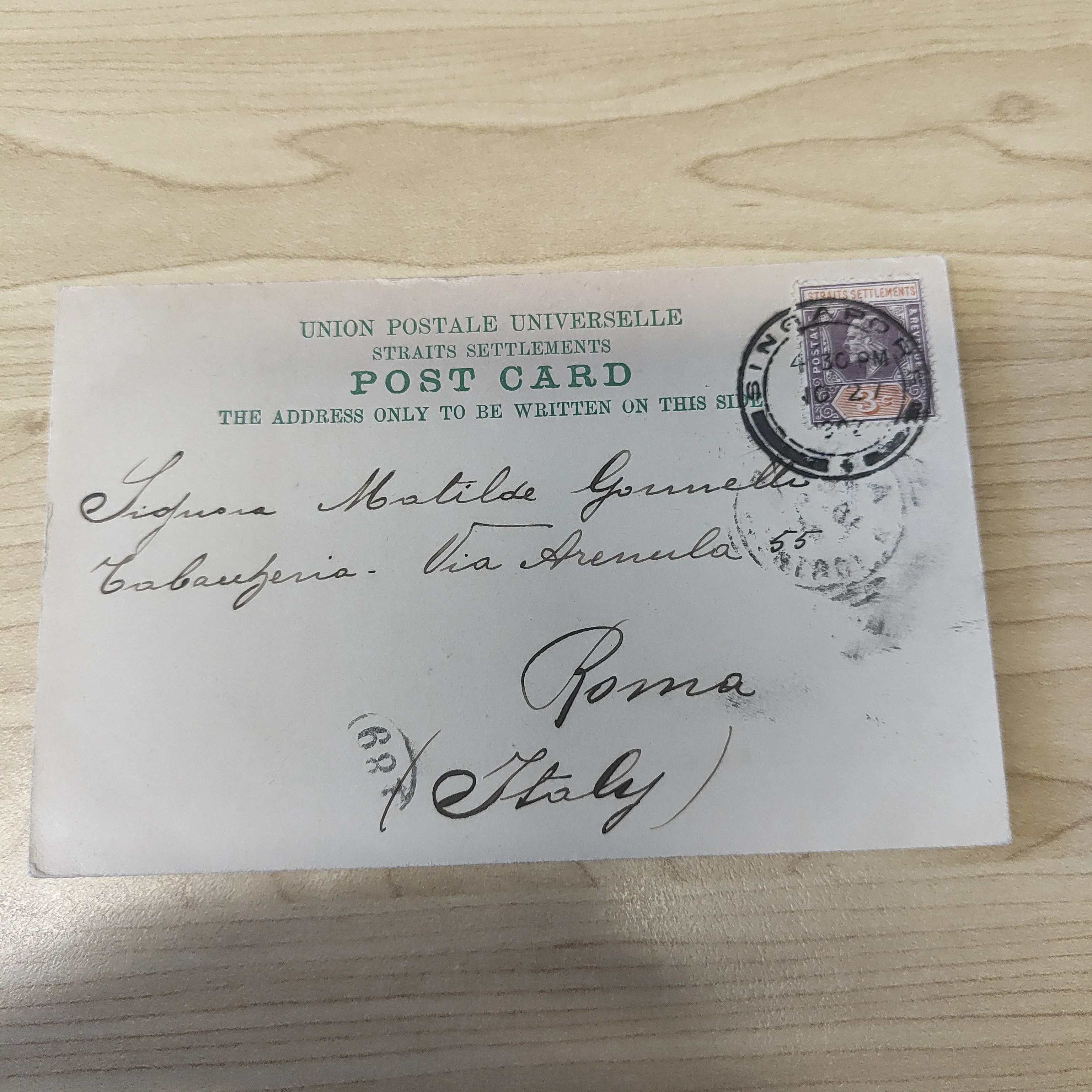 Malaya Straits Settlements Singapore Battery Road King Edward 3c 1902 Postcard To Italy - Image 2