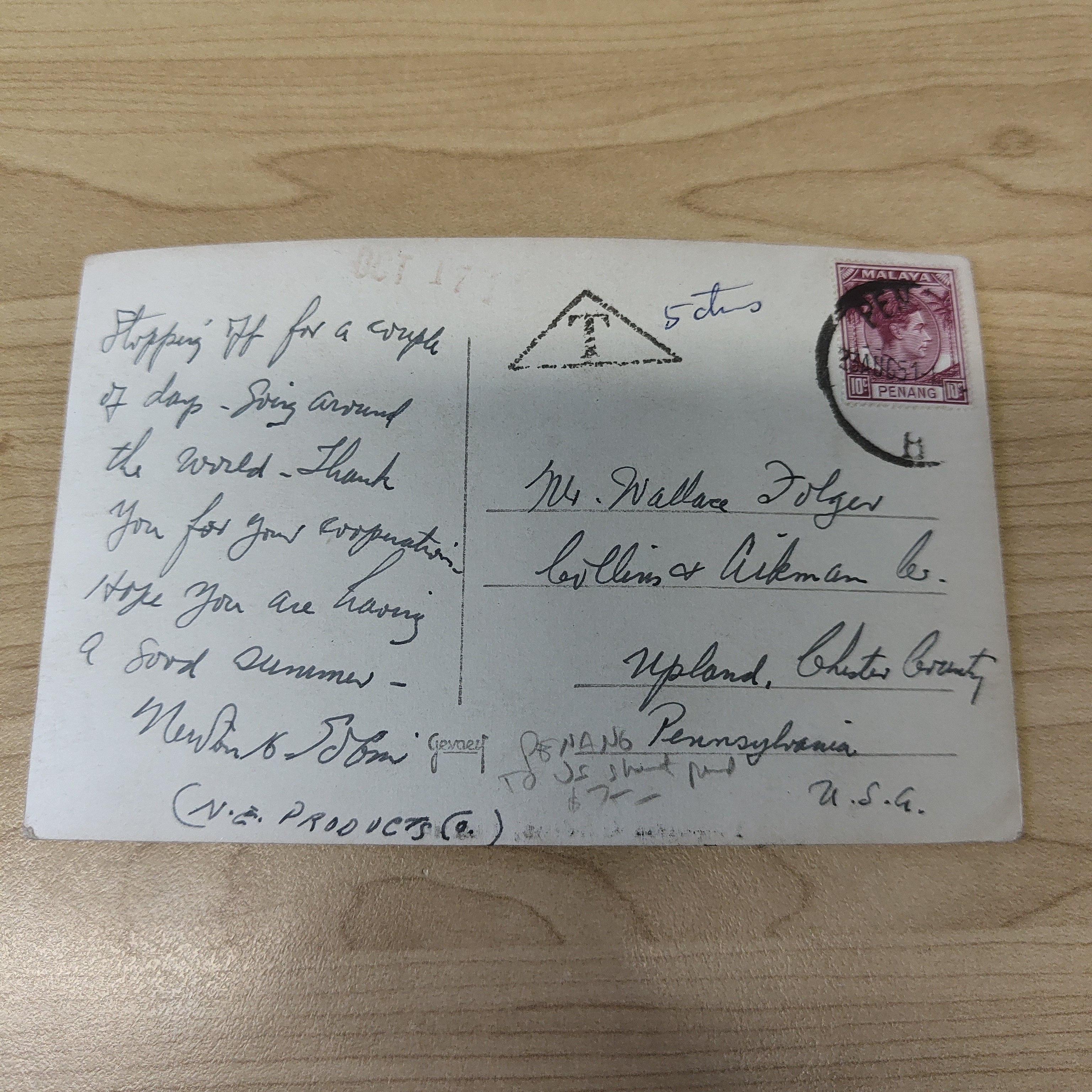 Malaya Strait Settlements Singapore Botanical Gardens Penang 1951 King George VI 10c Postcard To USA Postage Due - Image 2