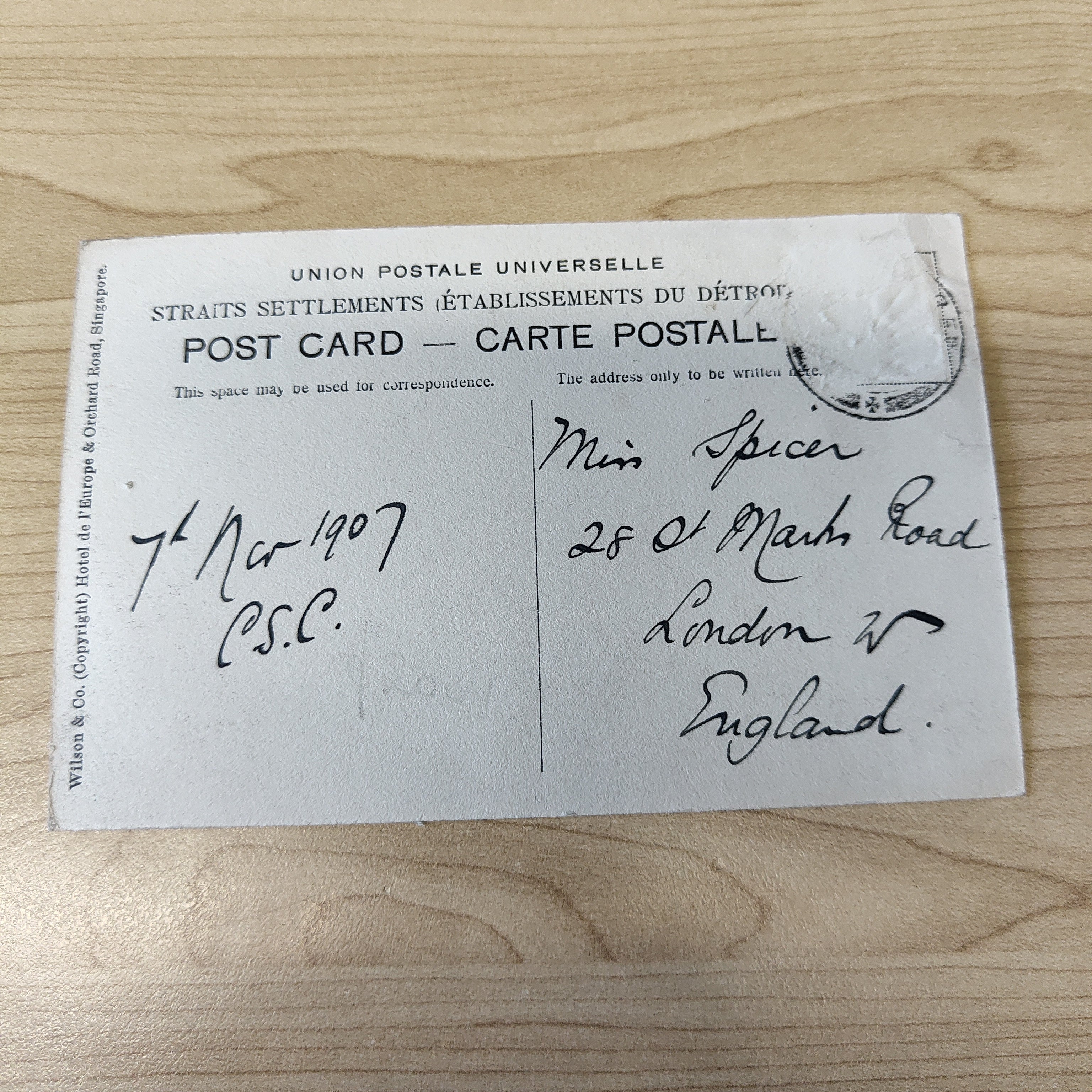 Malaya Strait Settlements Singapore Raffles Place 1907 Postcard To England - Image 2