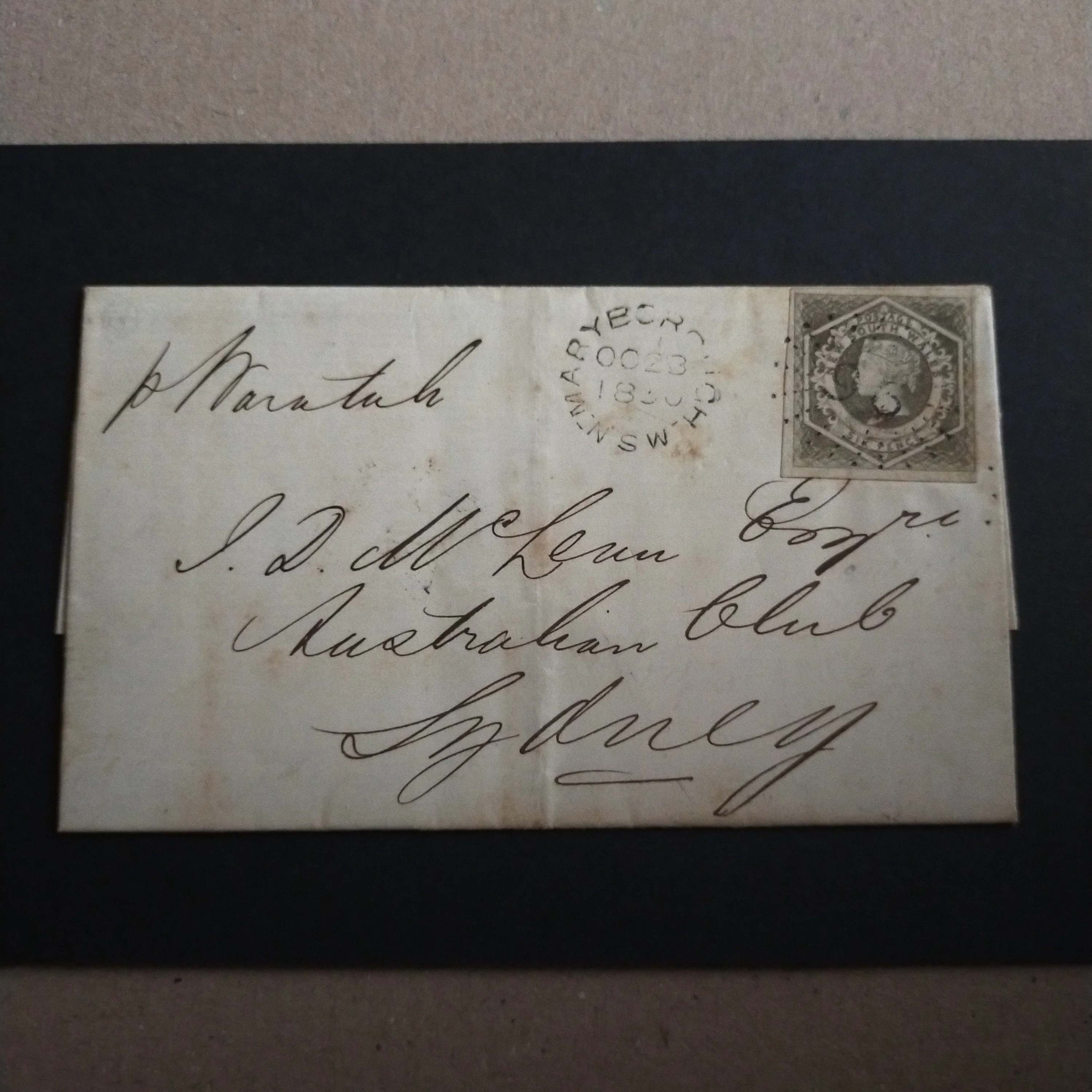 Moreton Bay District: 1860 Entire to Sydney with 6d Greyish-Brown Diadem Imperf tied by numeral '96' in rays