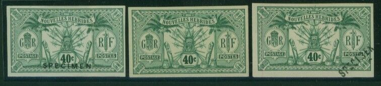 New Hebrides set of 3 Green Colour Trials of the 40c value for printers use