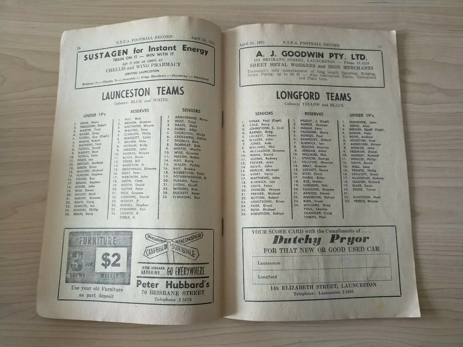 Northern Tasmania Football Association Saturday 24th April 1971 Football Record - Image 3