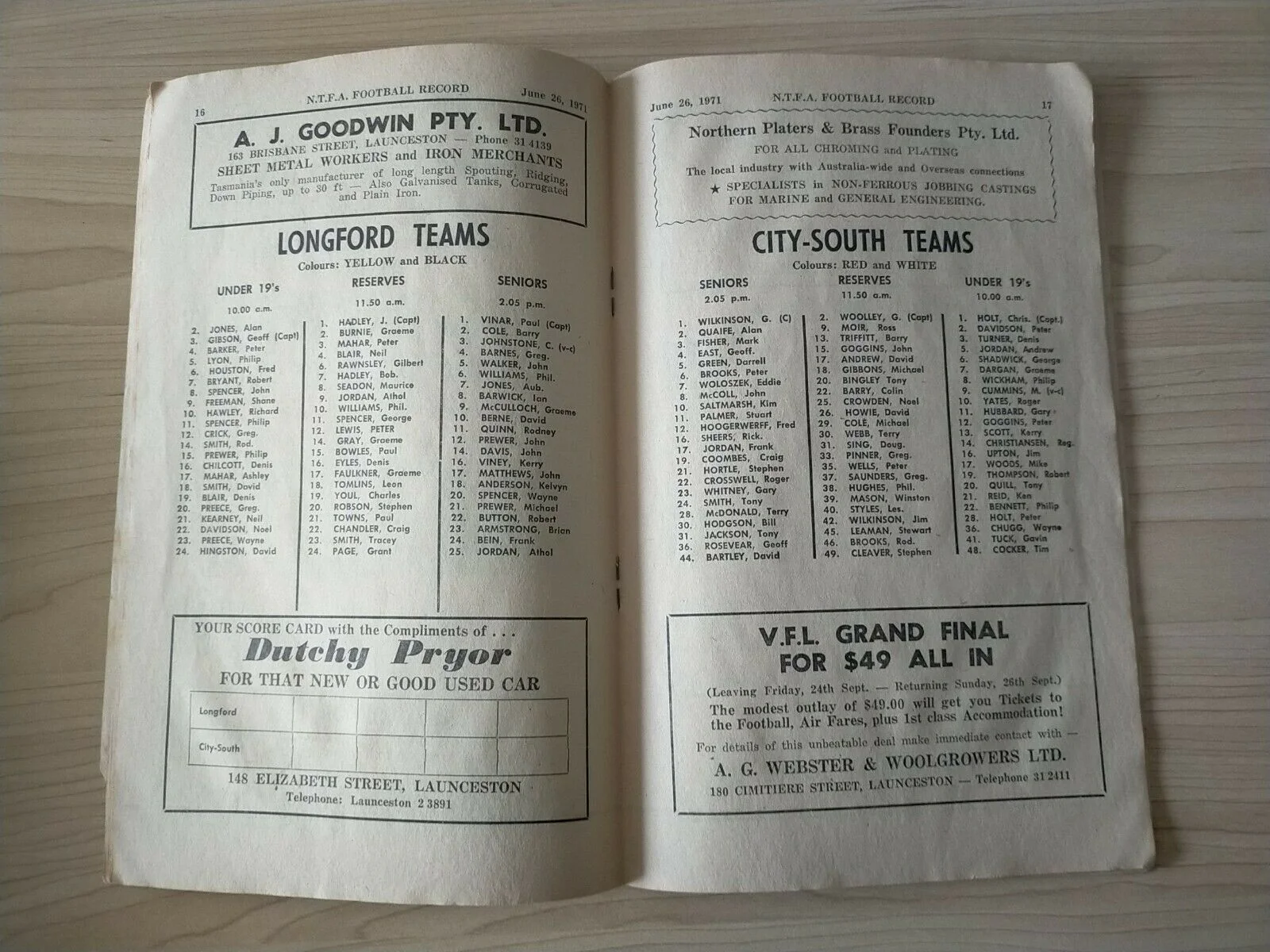 Northern Tasmania Football Association Saturday 26th June 1971 Football Record - Image 3