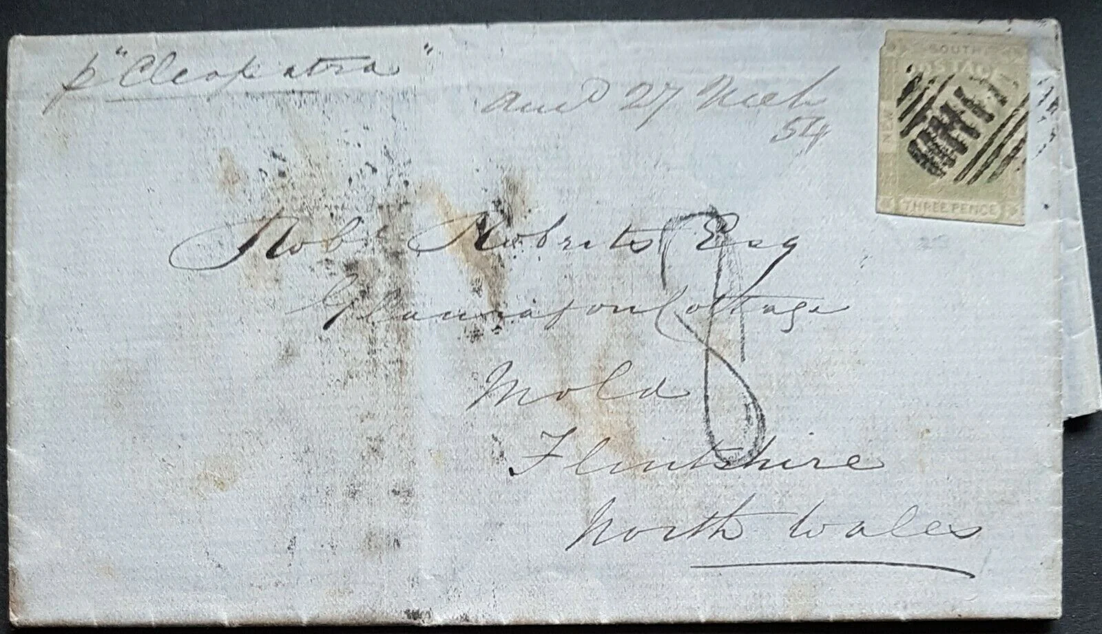 NSW 3d Laureate SG 67 on entire Sydney 27-8-1853 to Wales per Cleopatra