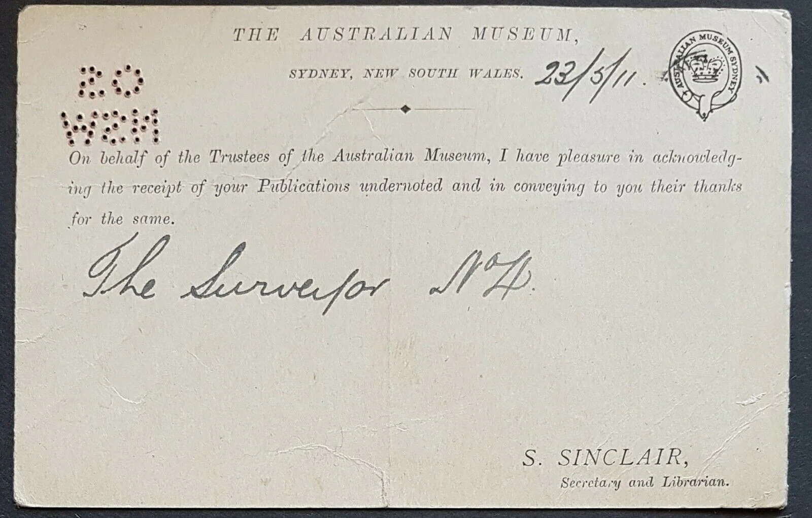 NSW Australia 1d Arms Post Card perforated OS from Museum similar to HG 30 used - Image 2