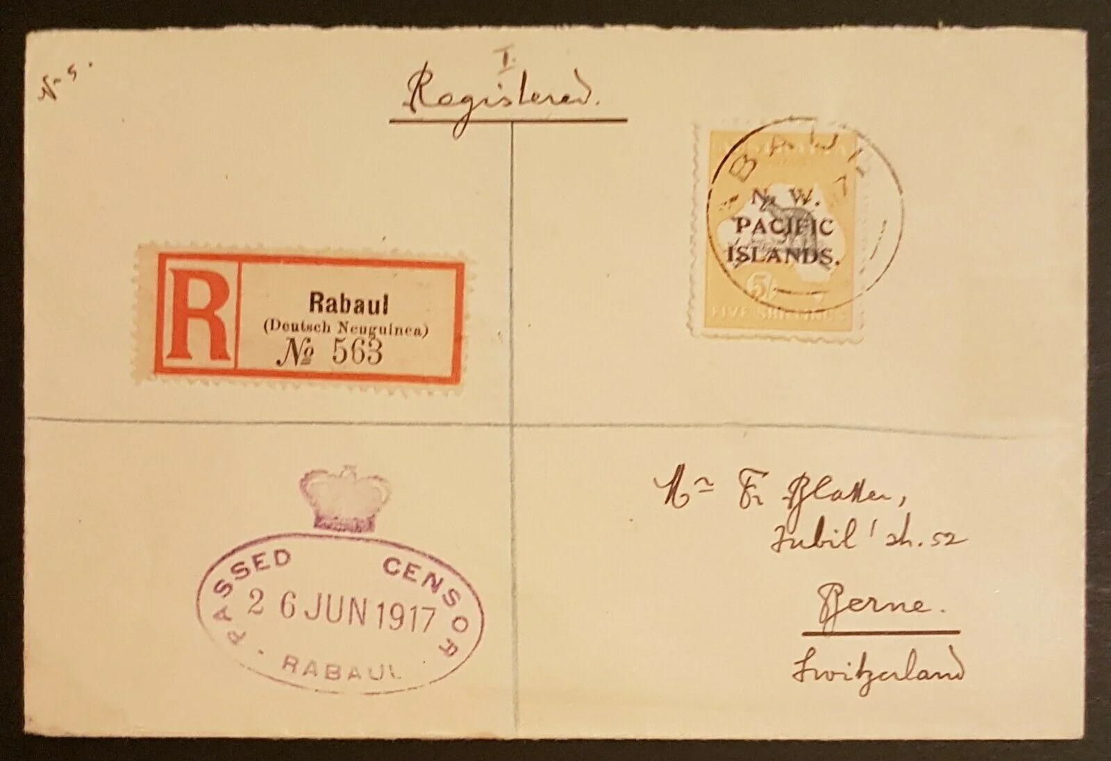NWPI New Guinea Australia 5/- Kangaroo SG 92 registered cover Rabaul to Berne.