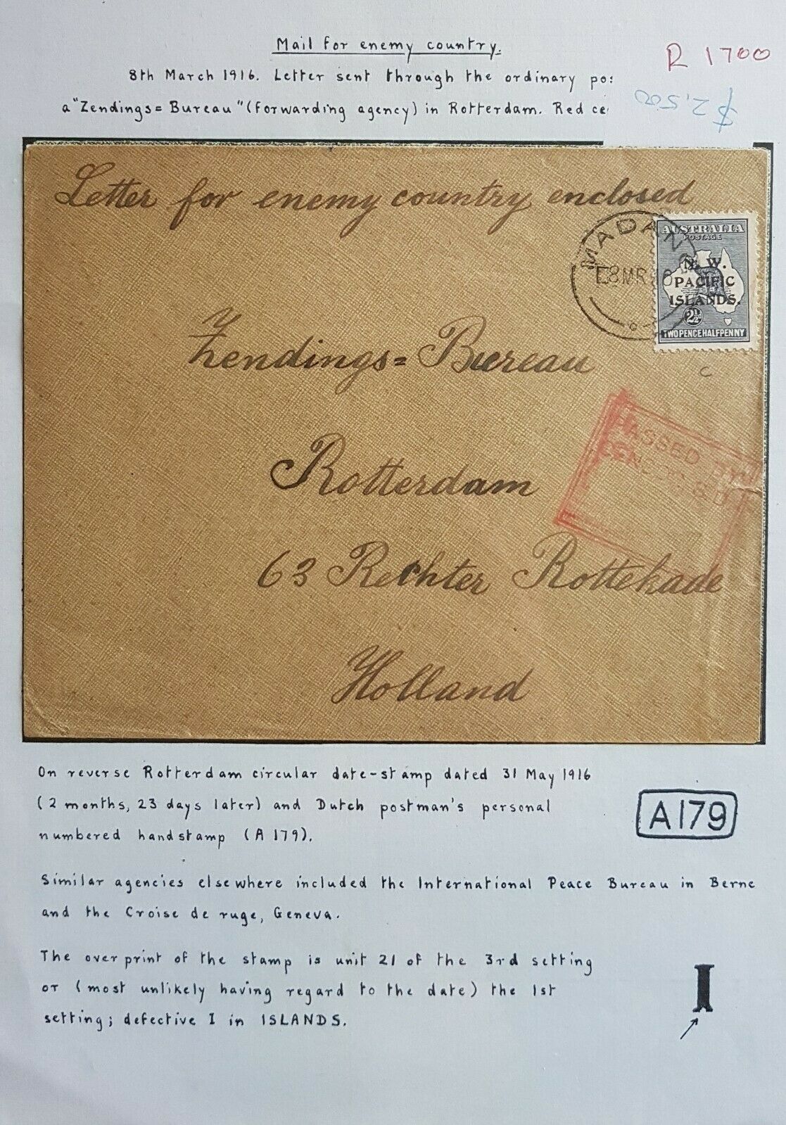 NWPI New Guinea on Australia 2½d cover to Holland containing enemy letter - Image 3