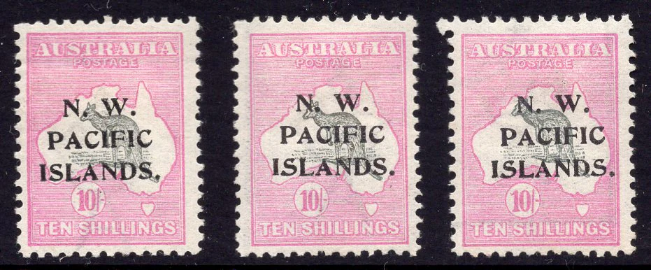 NWPI New Guinea on Australian 10/- Shilling Kangaroo SG84 Type a,b,c 3 Stamps Mint